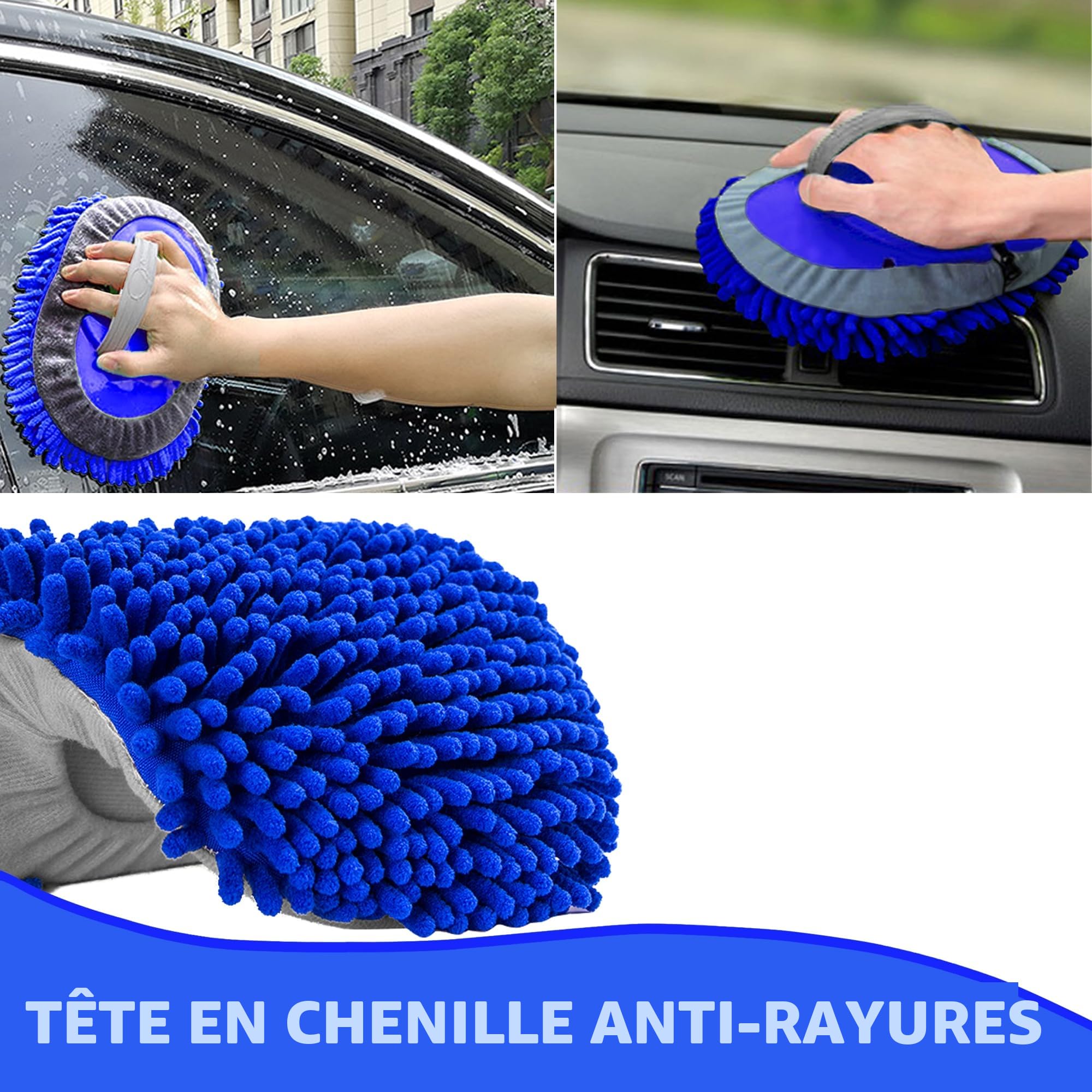 160cm 63" Brosse Lavage Voiture Manche Telescopique Balai Nettoyage Camion Microfibre Kit Pinceau Camping Car Caravane 2 en 1 Produit Auto Brise Exterieur Intérieur Mop (3 Tête de Remplacement)