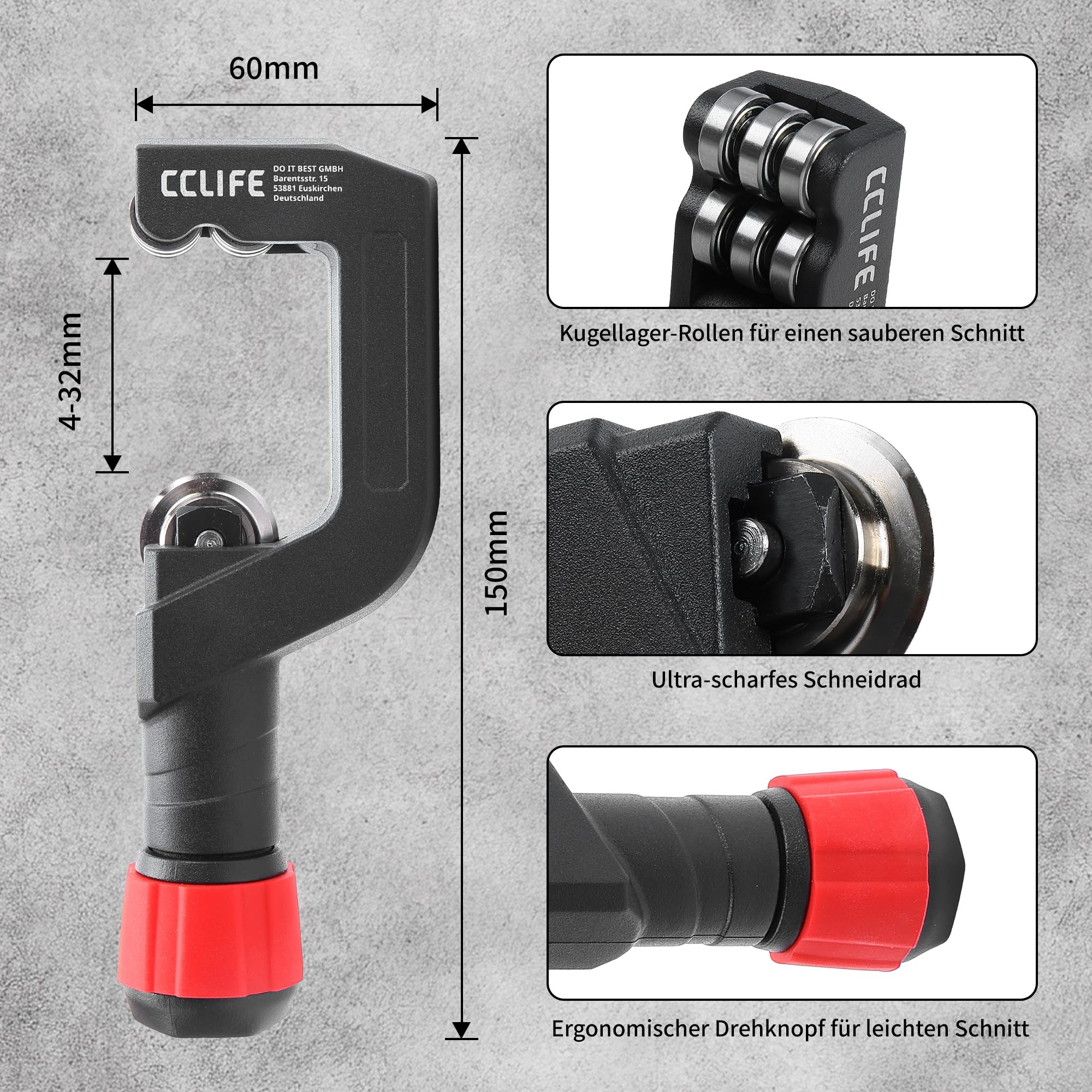 CCLIFE Rohrschneider, Rohrabschneider, 4-32mm, Schwarz und Rot, 1er-Pack | Rohrabschneider, 6 Führungsrollen, Aluminiumlegierung, für Edelstahlrohre, Stahlrohre, Kupferrohre, und Kunststoffrohre