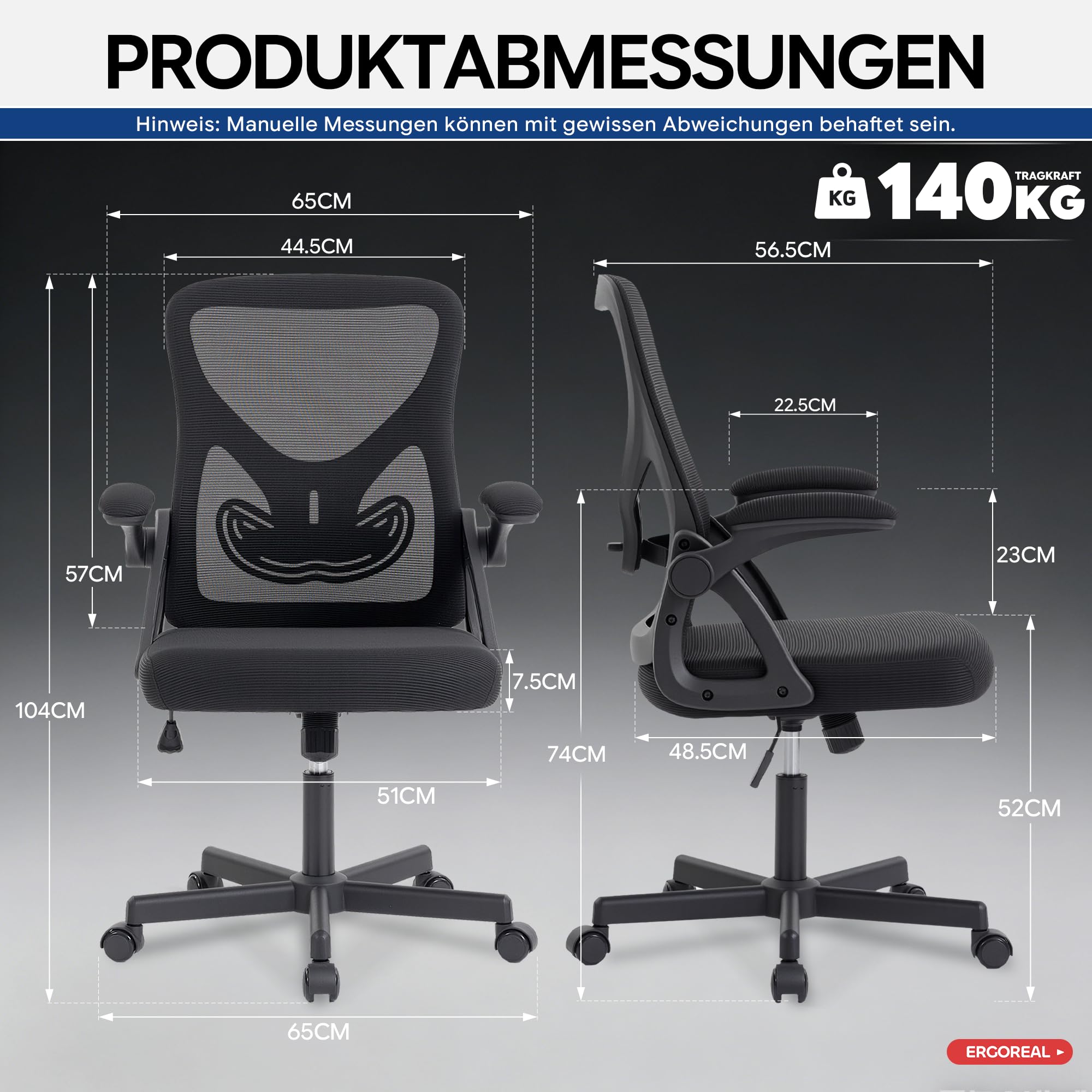 Bürostuhl ergonomisch – Schreibtischstuhl Netz, Lendenstütze 150kg | Klappbare Armlehnen, verstellbare Lendenstütze, 90-110° Rückenlehne, höhenverstellbar, leise Rollen, Homeoffice & Büro