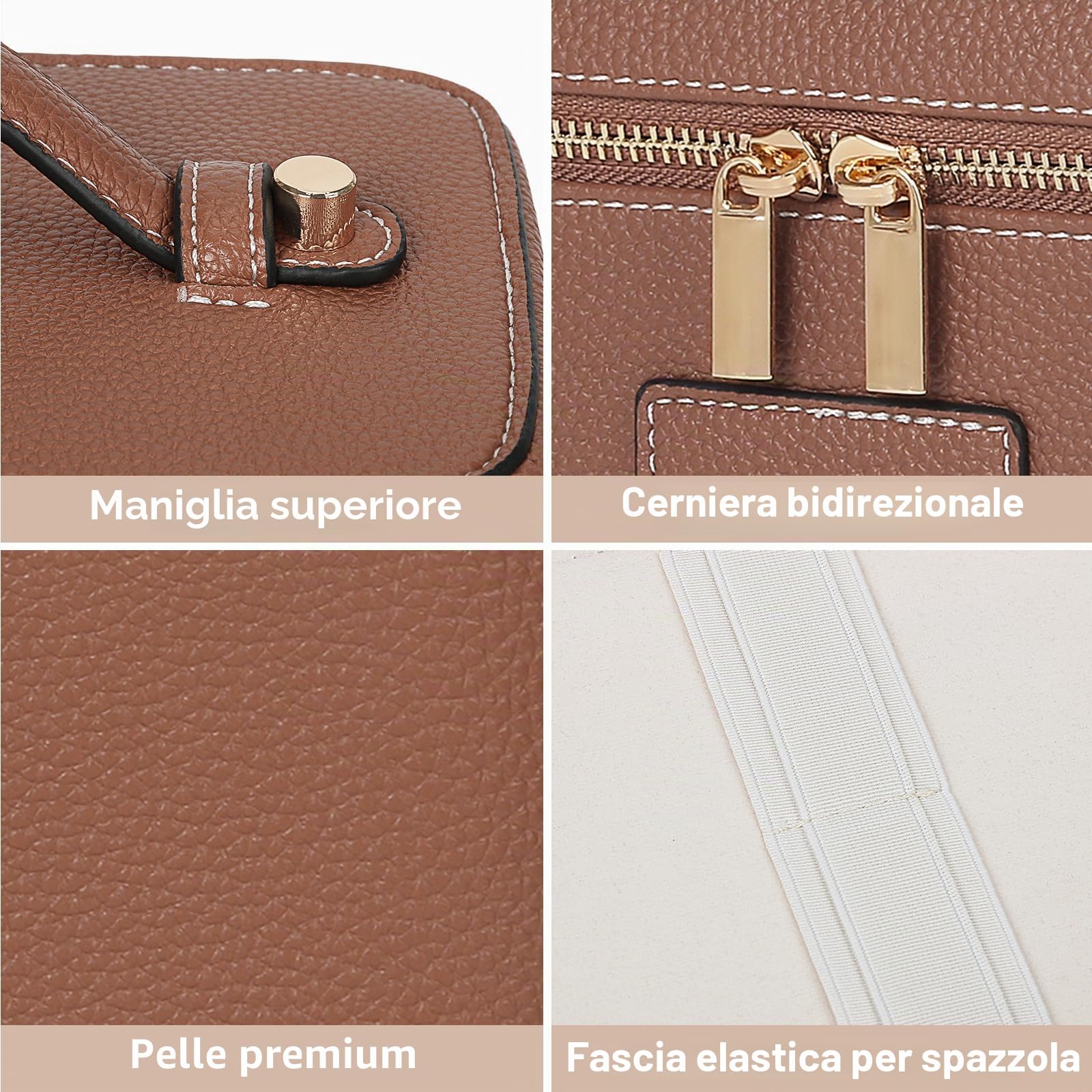 HiTotes, trousse per trucchi, borsa da viaggio in pelle per articoli da toeletta, organizer per trucchi con divisore rimovibile per uso quotidiano, 02-marrone, 21.5cm