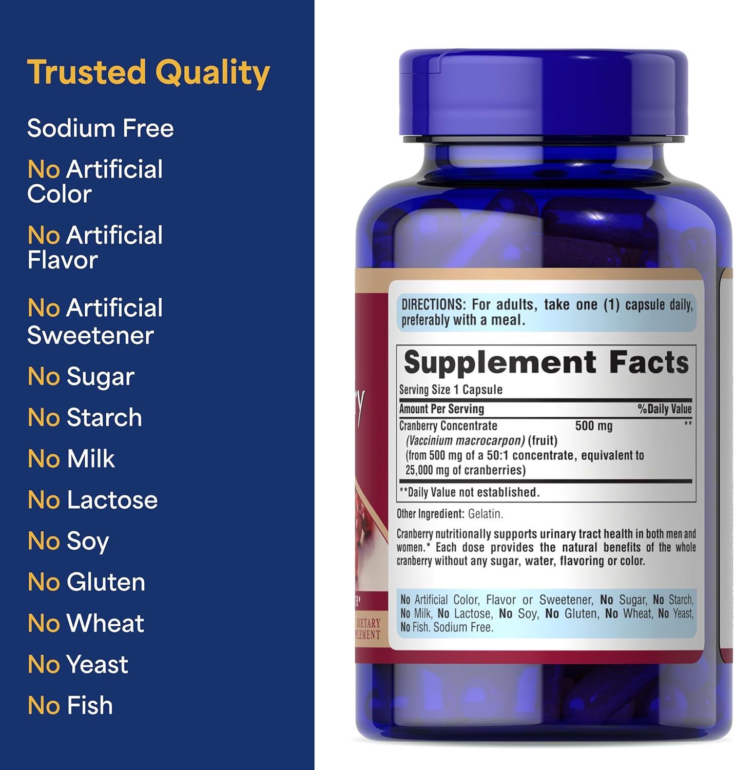 Puritan's Pride Naturally Sourced Cranberry One Per Day Fruit Concentrate 500mg, 50:1 Dietary Supplement for Urinary Tract Support, 4 Month Supply, 120 Rapid Release Capsules, 2 Pack