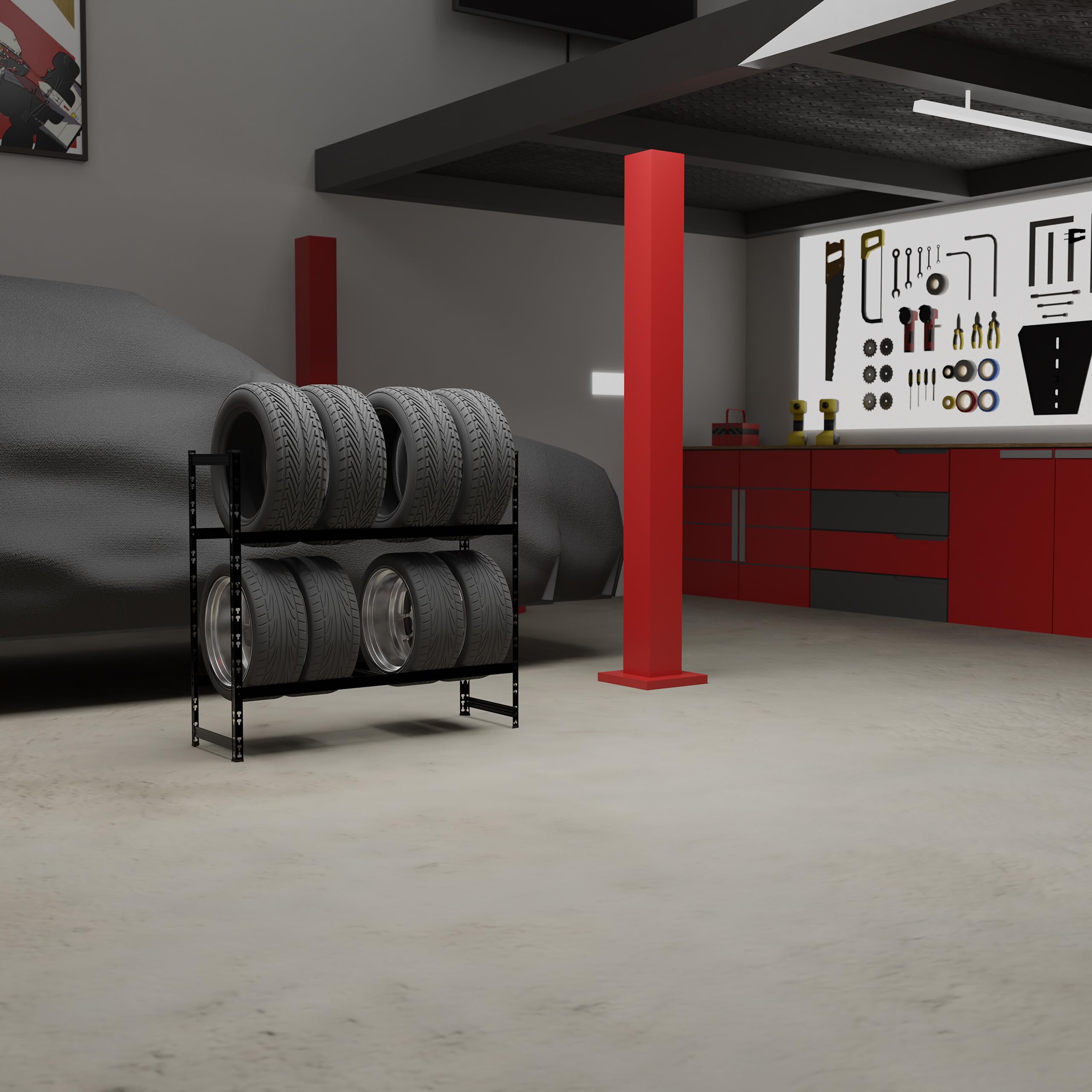 Relaxdays Reifenregal für 8 Reifen, HxBxT: 100 x110x35 cm, 150 kg, beschichteter Stahl, Stecksystem, Räderregal, schwarz
