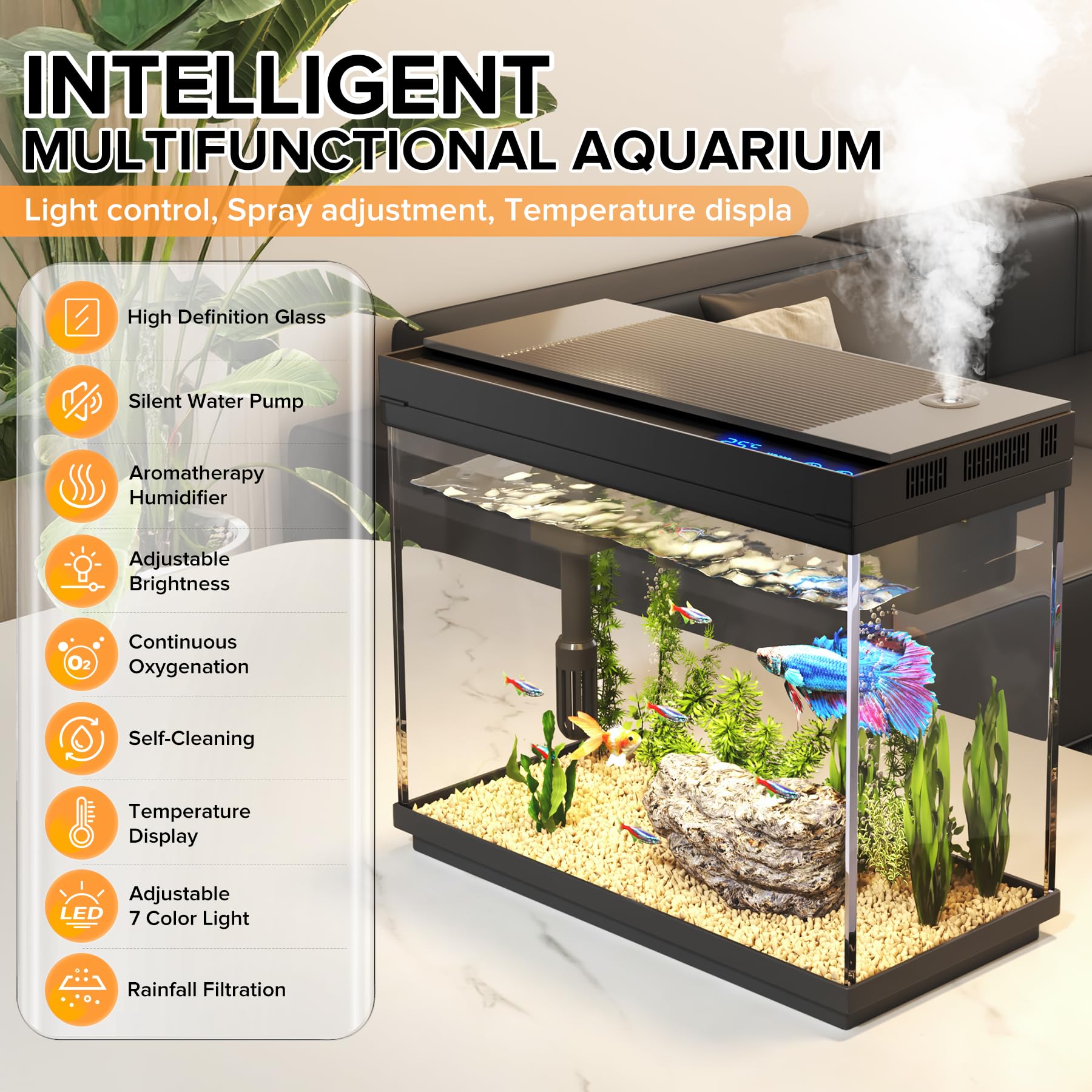 Betta aquarium, 2 gallon glazen aquarium starterkit, kleine aquarium met filter en licht. (zwart