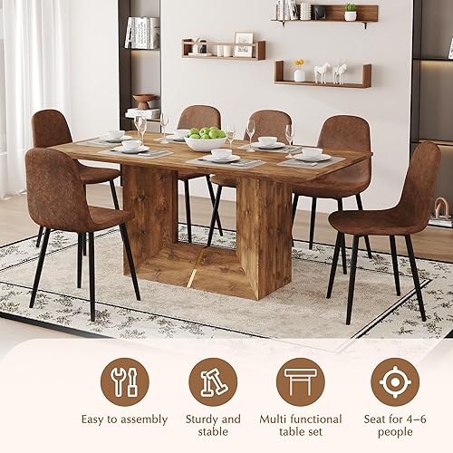 Miniatura 6 de Juego de mesa de comedor de 63'' para 6, juego de mesa de comedor de estilo granja de mediados de siglo para 6, mesa de grano de madera con base en