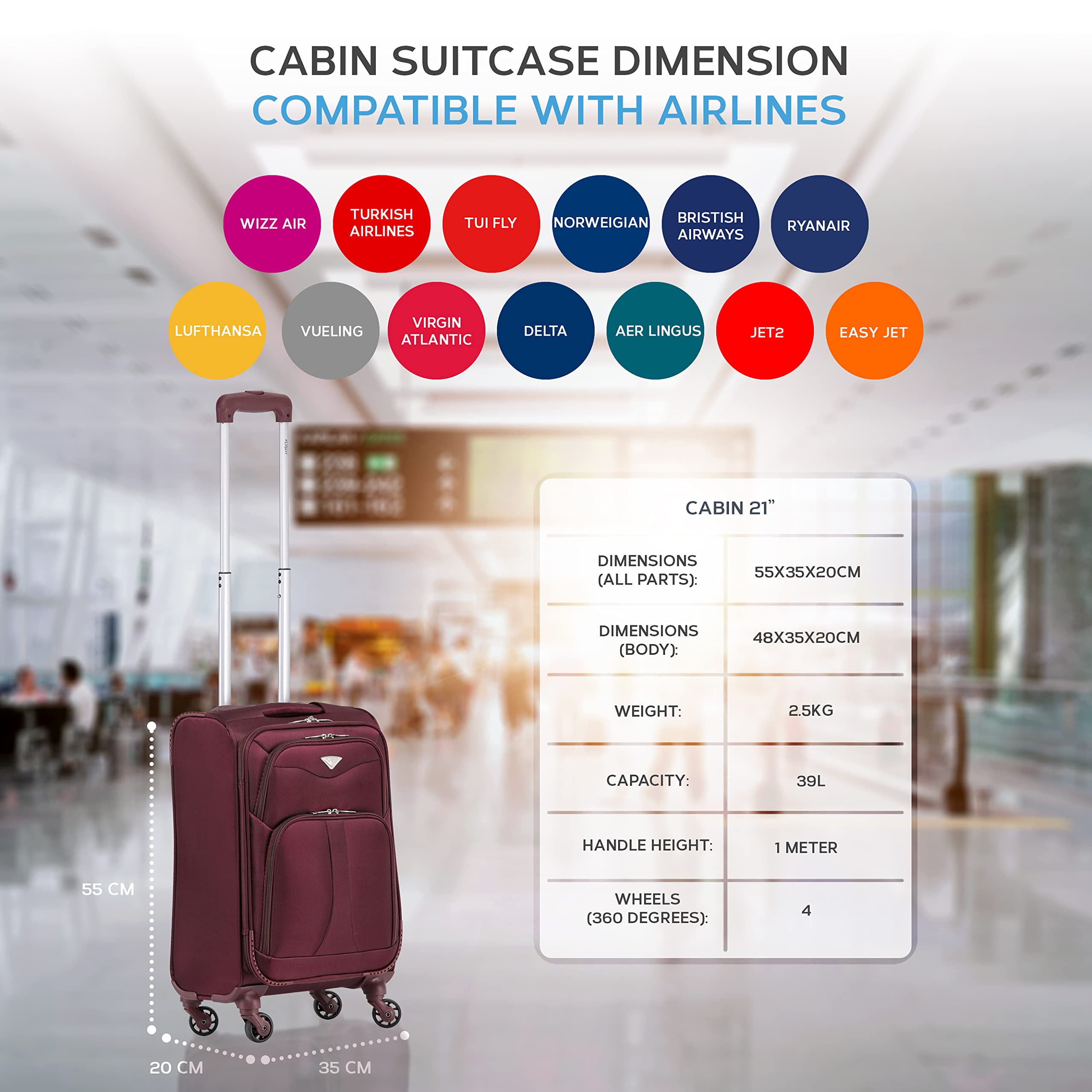 Flight Knight Set of 2 Lightweight 4 Wheel 800D Soft Case Suitcase Robust Anti Crack Cabin Carry On Hand Luggage Approved for Over 100 Airlines Including easyJet, BA & Many More!