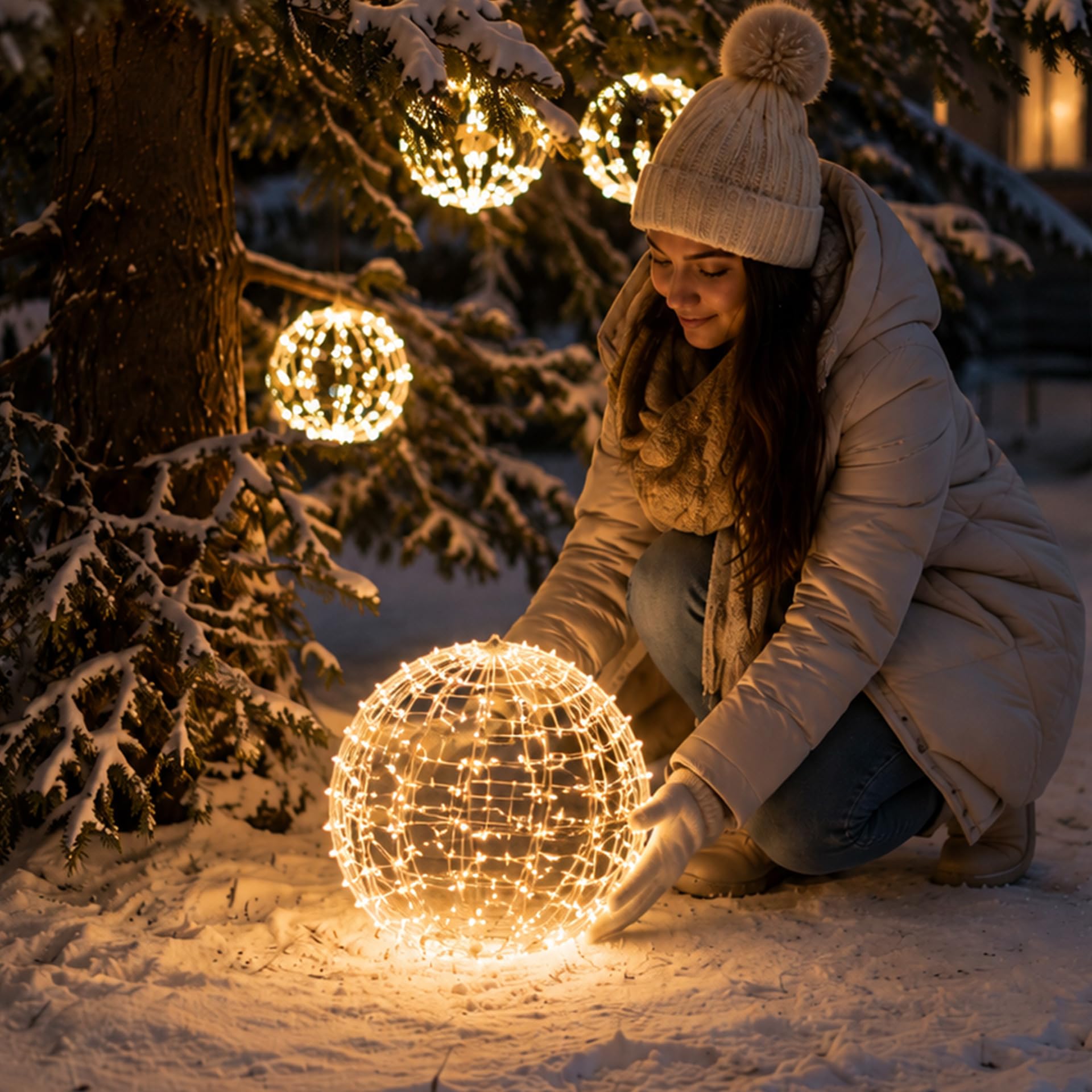 Set di 3 Sfere LED Natalizie 3D da Appendere, Ø 30 cm, Luce Bianco Caldo, a Batteria con Timer 8 Ore, IP44 per Interni ed Esterni, Decorazioni di Natale per Casa e Giardino