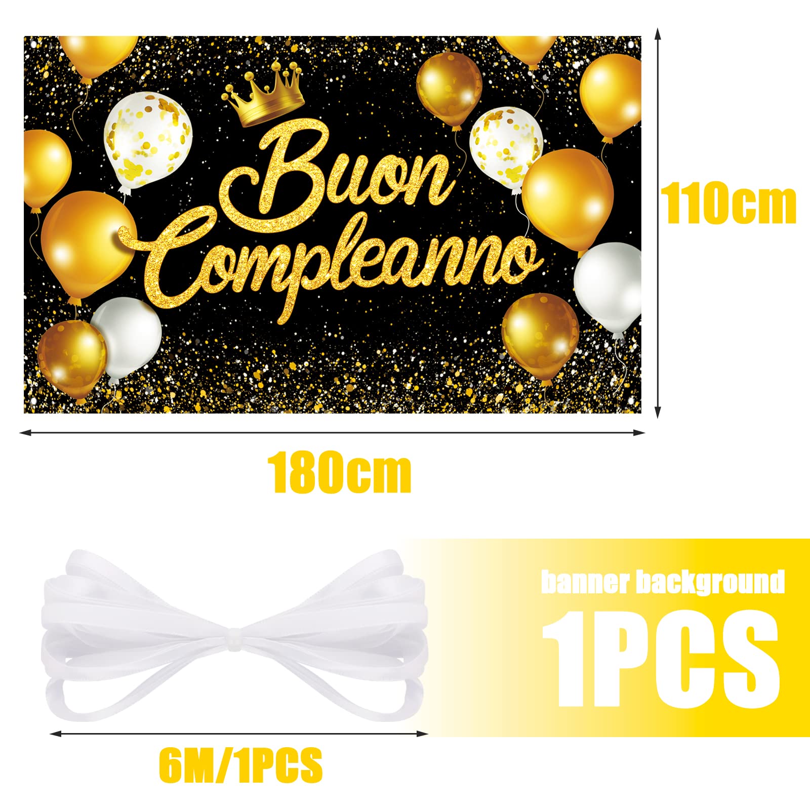 HOWAF Striscione Compleanno Nero E Oro - Bandiera Di Tessuto 274x37 Cm Con Motivi Di Palloncini, Torte E Coriandoli - Per Feste Uomo/Donna