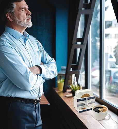 Miniatura 7 de Puzzled Posavasos náuticos de madera con rayas blancas y azules, decoración costera de madera para el hogar, cocina, bar, playa, regalos temáticos