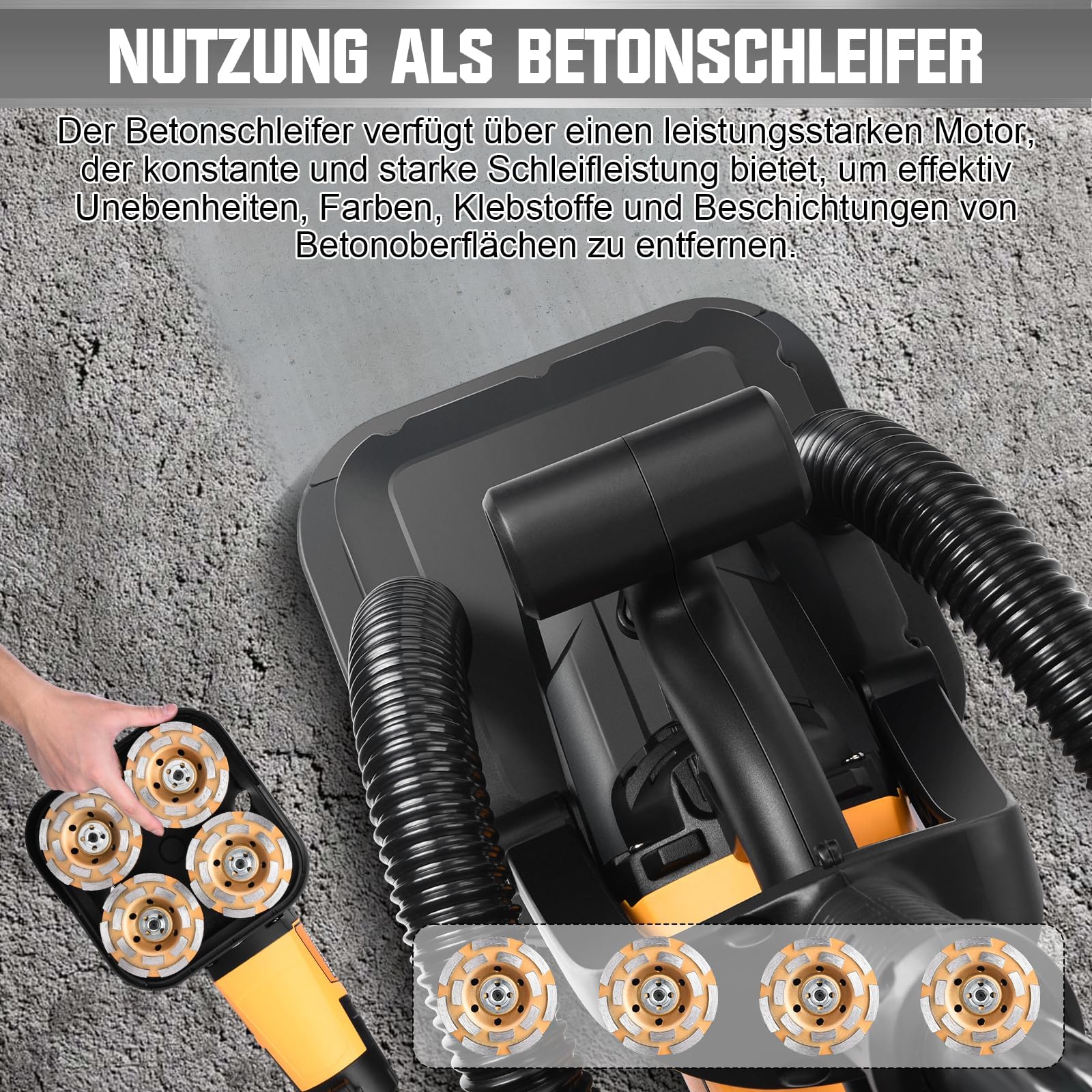 Szlifierka do betonu 3800 W, 4 x diamentowa tarcza szlifierska 100 mm | 6-stopniowa | 6000 obr./m | frezarka kątowa z długim uchwytem, frezarka renowacyjna, frezarka tynkowa, do odklejania betonu