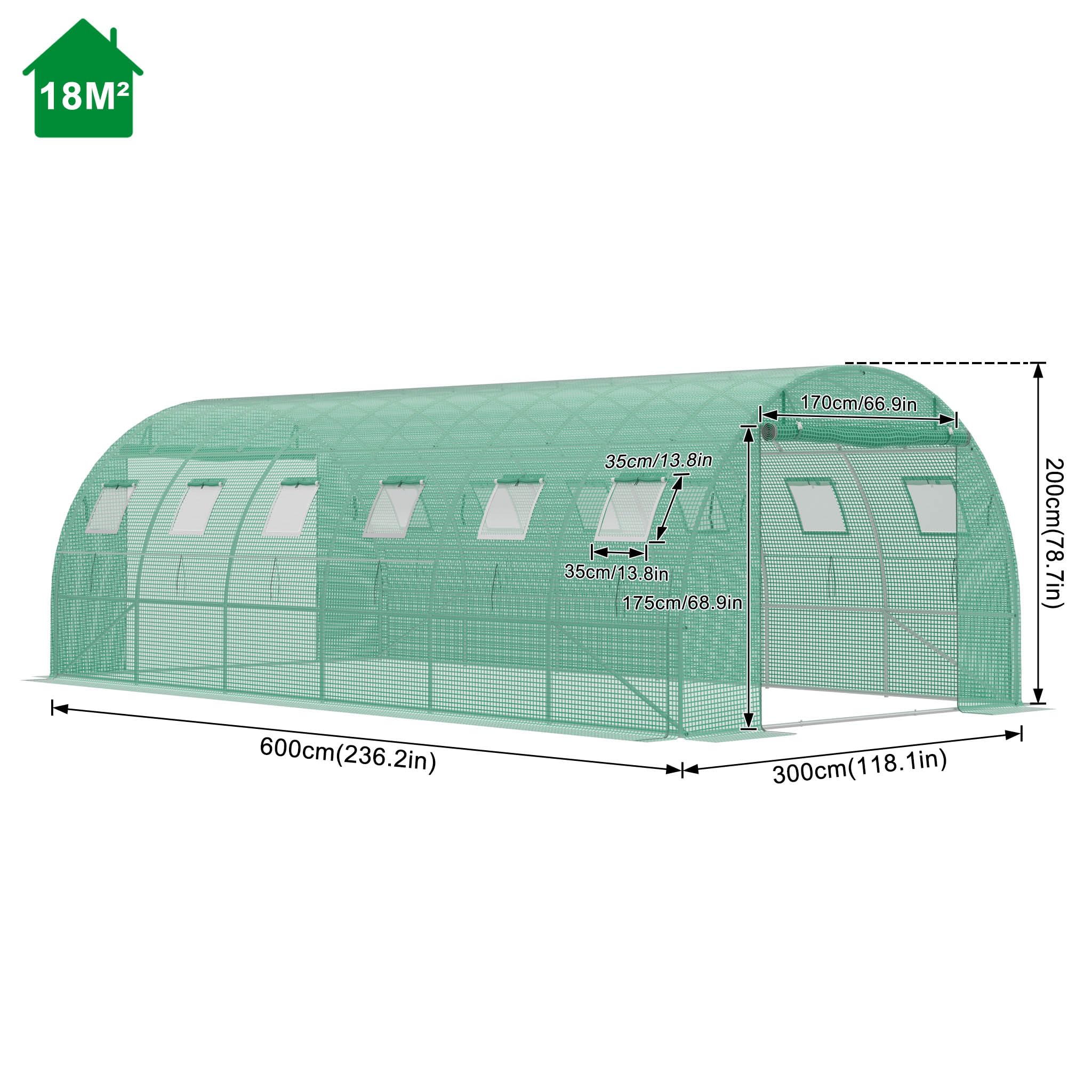 Gewächshaus Foliengewächshaus 600x300x200 cm Tomatenhaus Folientunnel mit verzinktem Stahlrahmen Winterfest Stabil Treibhaus Gartengewächshaus für Garten & Anzucht Grün