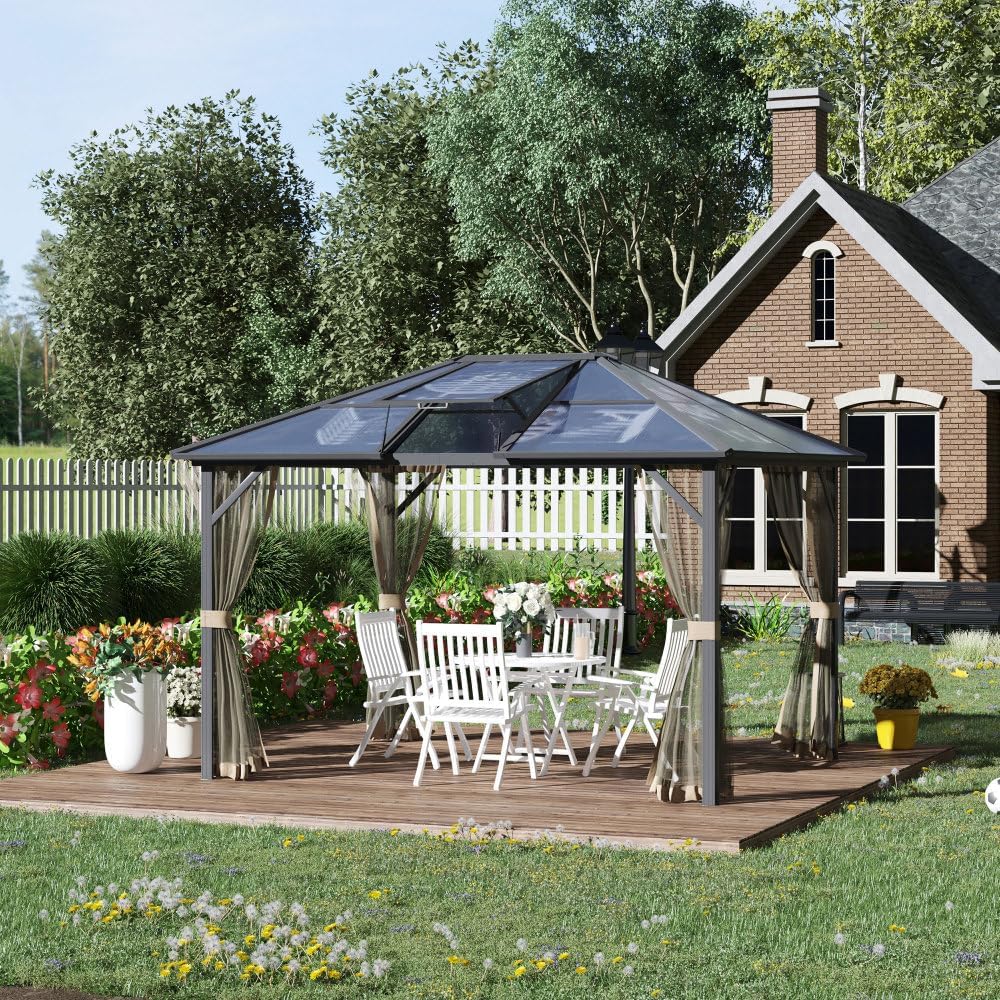 Hardtop Gazebo with Polycarbonate Roof and Aluminum Frame for Patio Garden Backyard Use