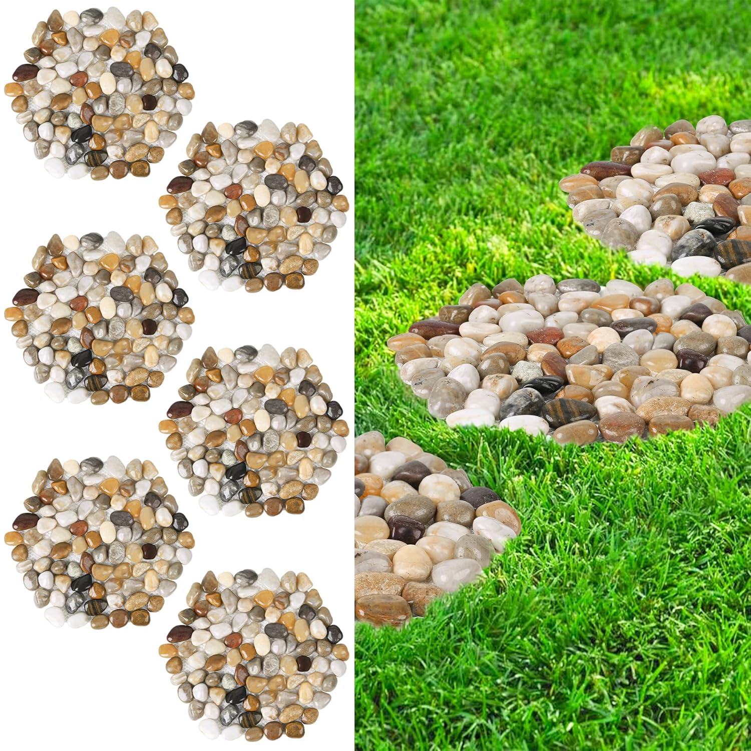 River Rock Stepping Stones Outdoor for Garden Walkway, 10 inch 6 Pcs Hexagon Shape Paver Step Stones Polished Pebble River Stone Mat for Yard Lawn Patio Pathway Walk Way - Multi-Color