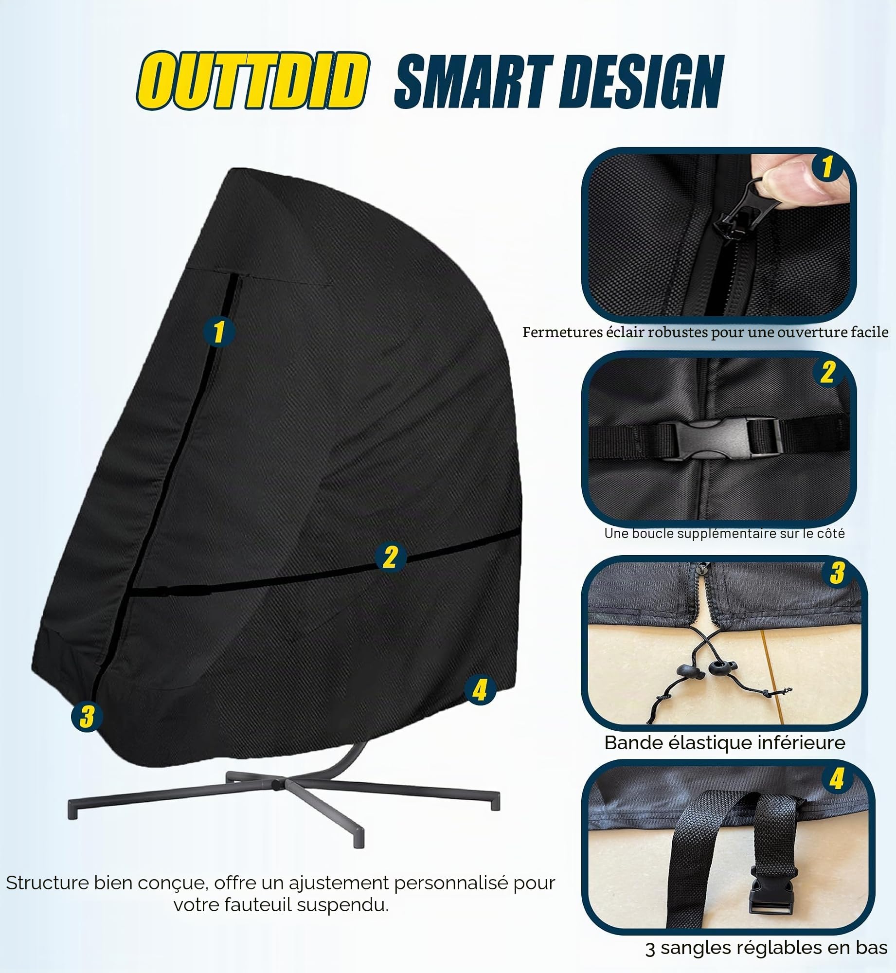 Housse de chaise en osier 600D à suspendre pour chaise de patio à suspendre avec support de protection - Convient pour une chaise jusqu'à 190 x 114 cm (L x l)