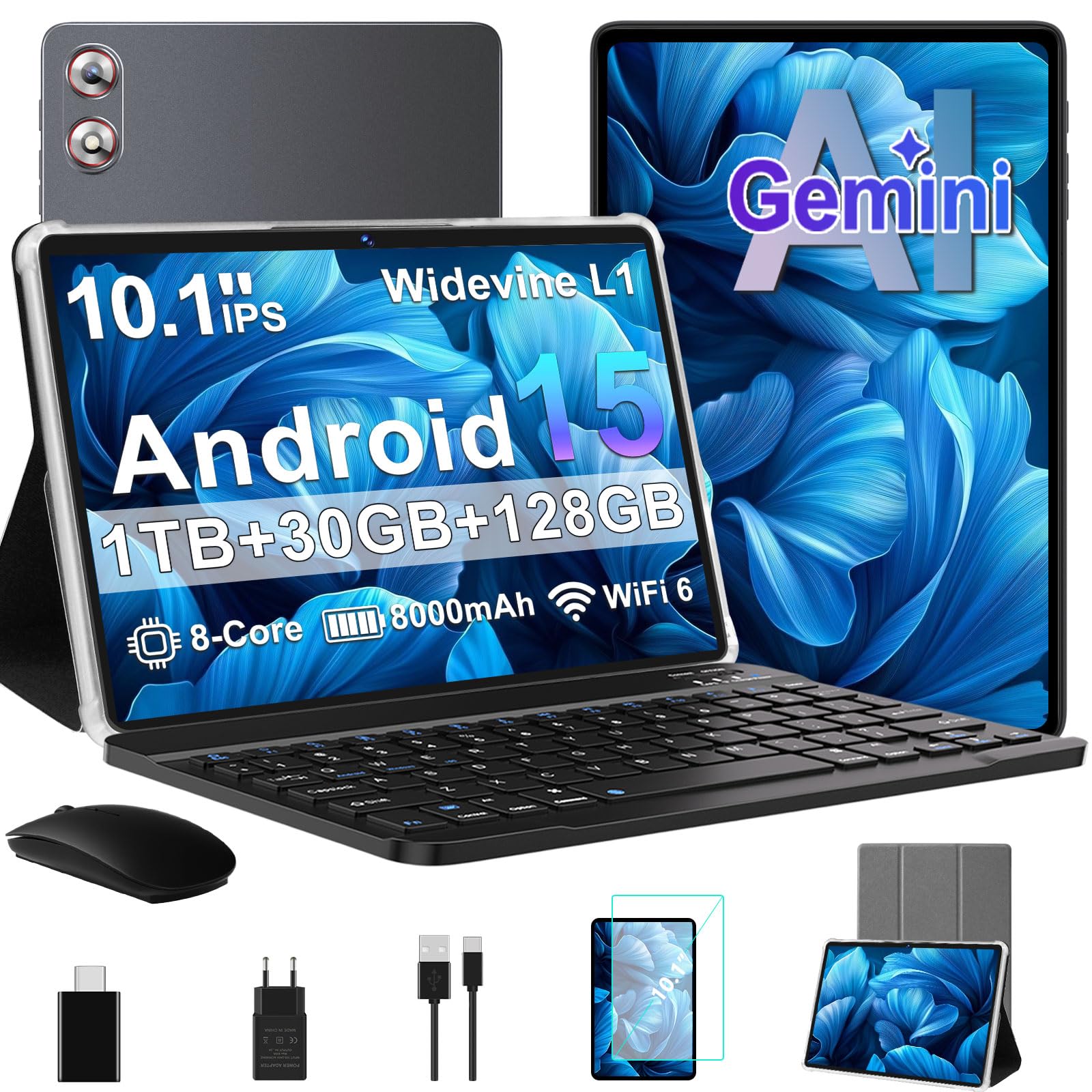 fezawio Tablet 10.1 Pollici Android 15 con Gemini AI, 30GB RAM 128GB ROM, Espandibile fino a 1TB, Octa-Core, WiFi 6, Widevine L1, 8000mAh, Inclusi Mouse, Tastiera e Custodia, Grigio