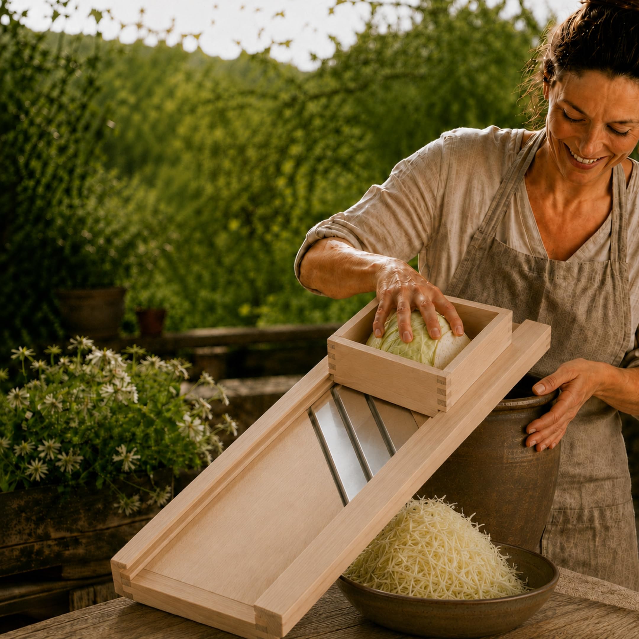 HOFMEISTER® Affettatrice professionale per erbe aromatiche, lame inox 80 cm, taglio sicuro cavoli bianchi e rossi, carrello mobile, affettaverdure in legno di faggio, Made in EU
