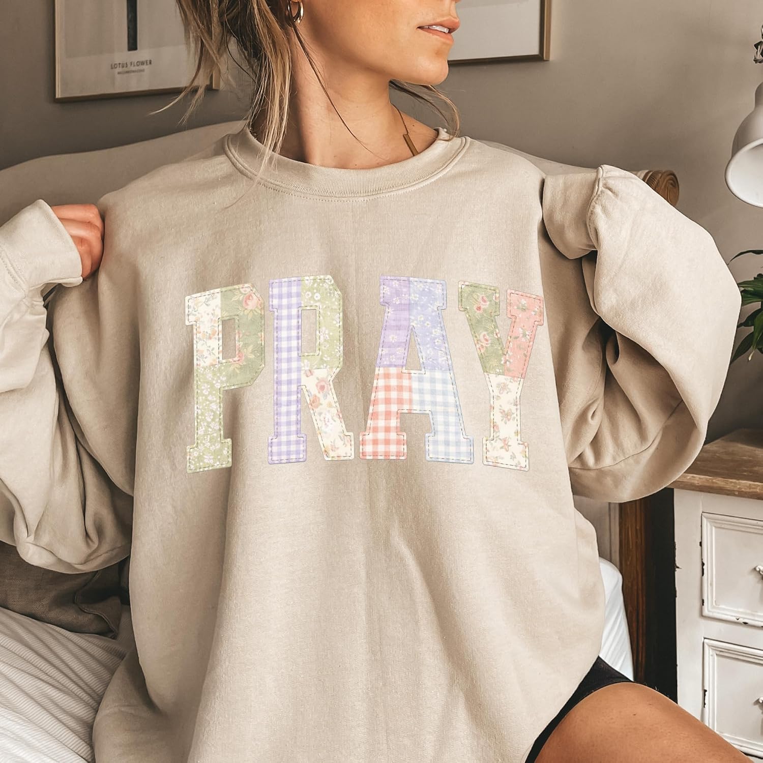 FITIN Unisex Pray Faux Patchwork Letter Sweatshirt Soft Neutral Christian Faith Typography Cozy Inspirational Pullover