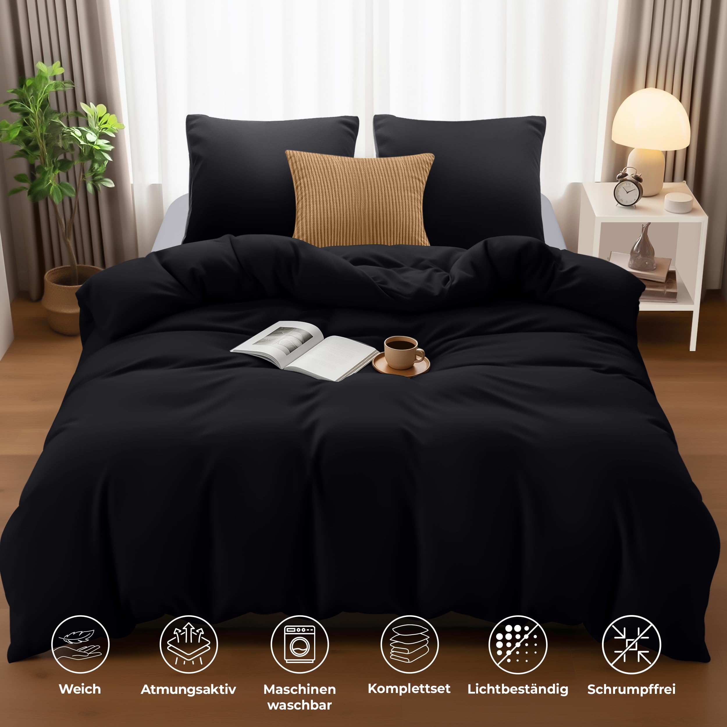 Utopia Bedding Bettwäsche 220x240 cm + 2 Kissenbezüge 65x65 cm, Schwarz – Ansicht 5