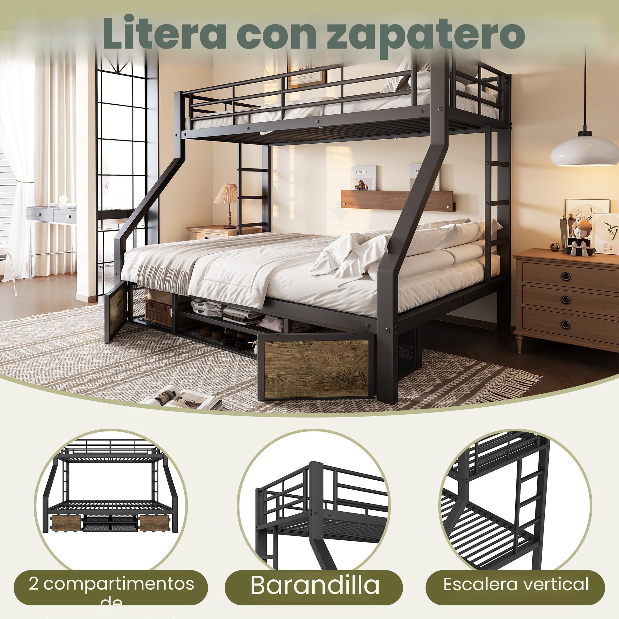 Cama apilable 90 x 200 cm+140 x 200 cm, cama infantil, con zapatero, compartimentos de almacenamiento, barandillas de seguridad, escalera, certificada EN747, sin colchón (Negro)