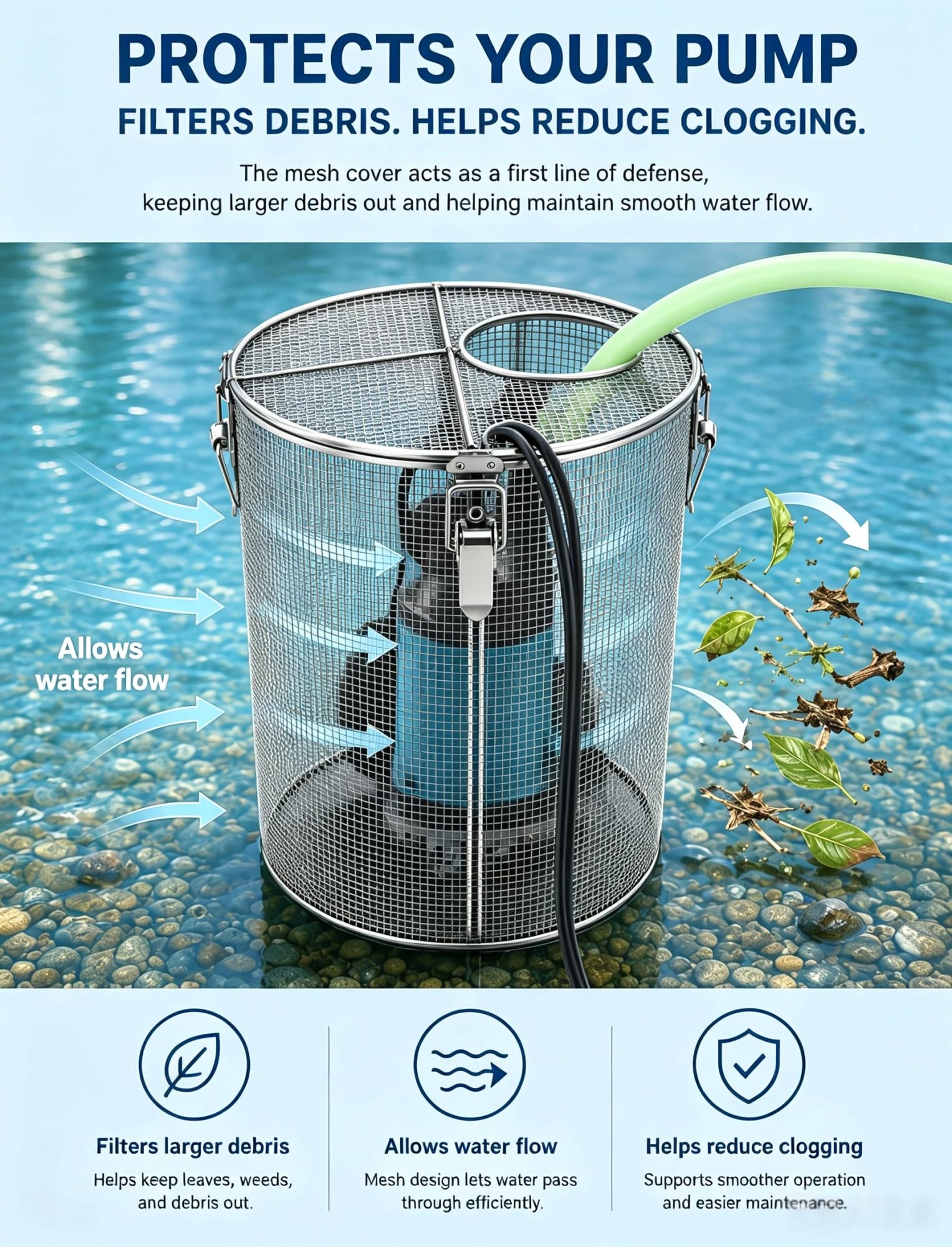 Cesta Filtro Bomba 5mm, Filtro Aspiración para Bomba Sumergible | Malla 5mm acero inoxidable 304，Salida agua 9cm，Clips seguridad，Asa integrada，Estanques pozos riego(20x40 cm)