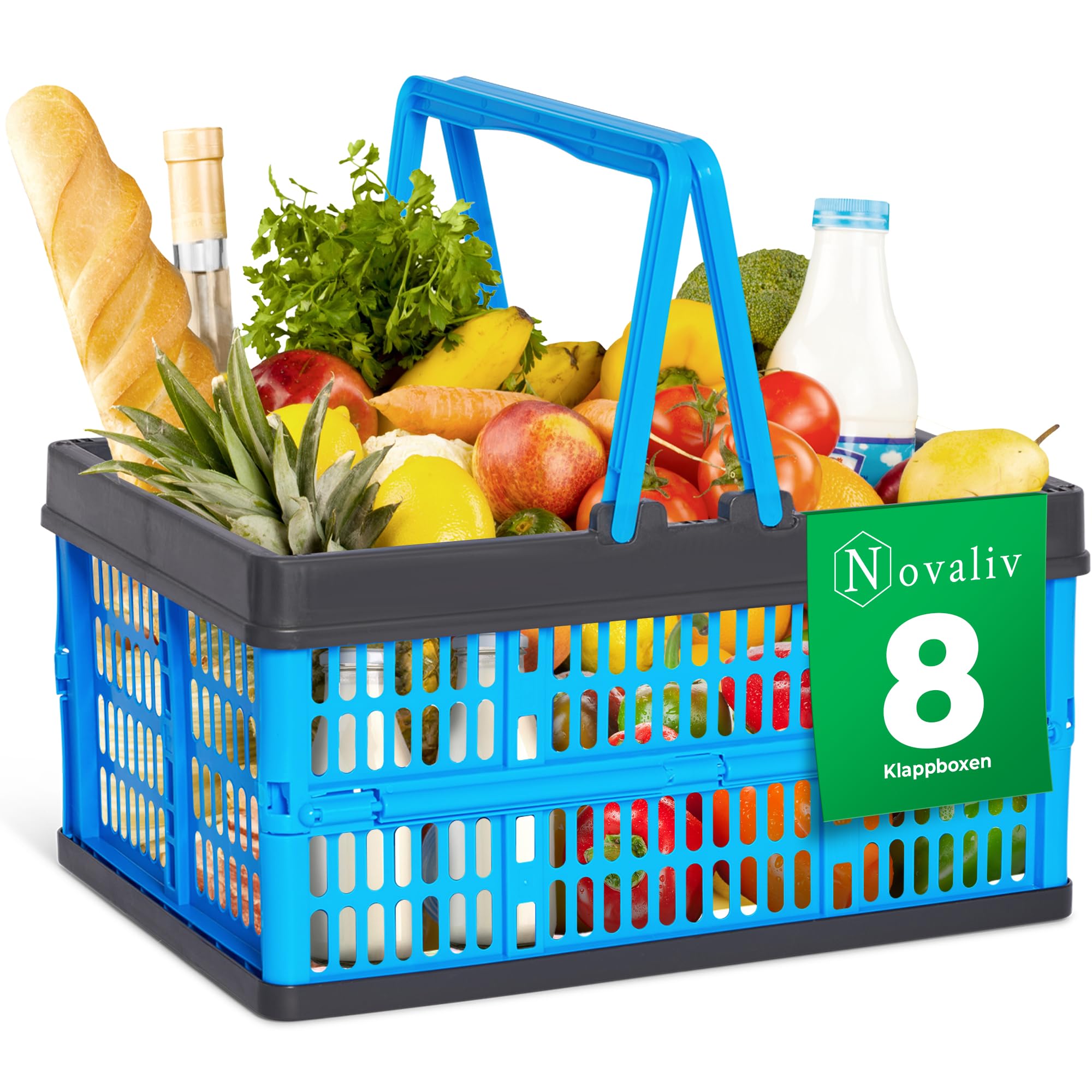 Novaliv Klappbox Blau 8er Set - 16L Faltkorb mit Henkeln - Vielseitiger Einkaufskorb - Praktische Aufbewahrungsbox