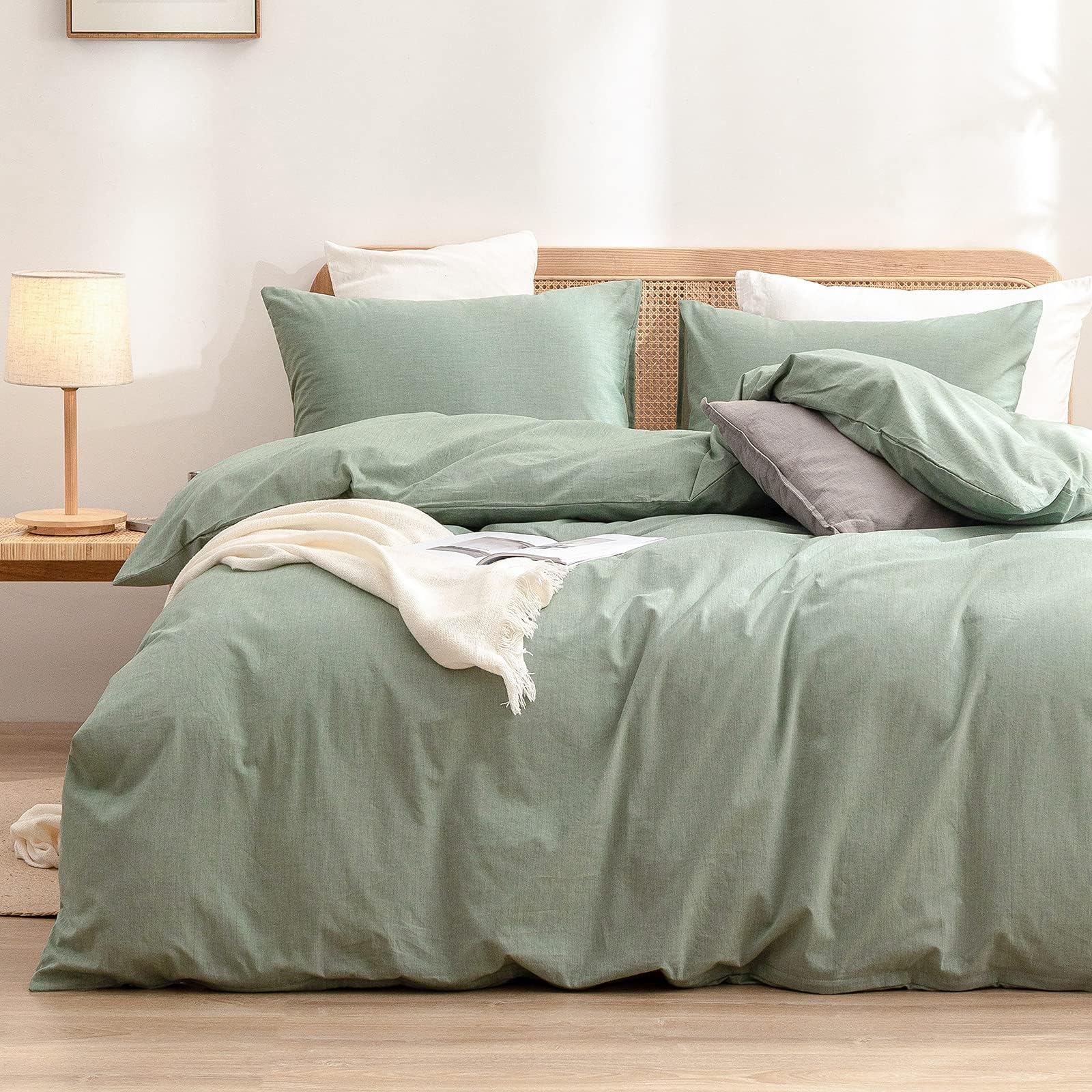 BESTOUCH Duvet Cover Set 100% Washed Cotton Linen Feel Super Soft Comfortable Chic Lightweight 3 PCs Home Bedding Set Solid Green Super King Plus โ image 1
