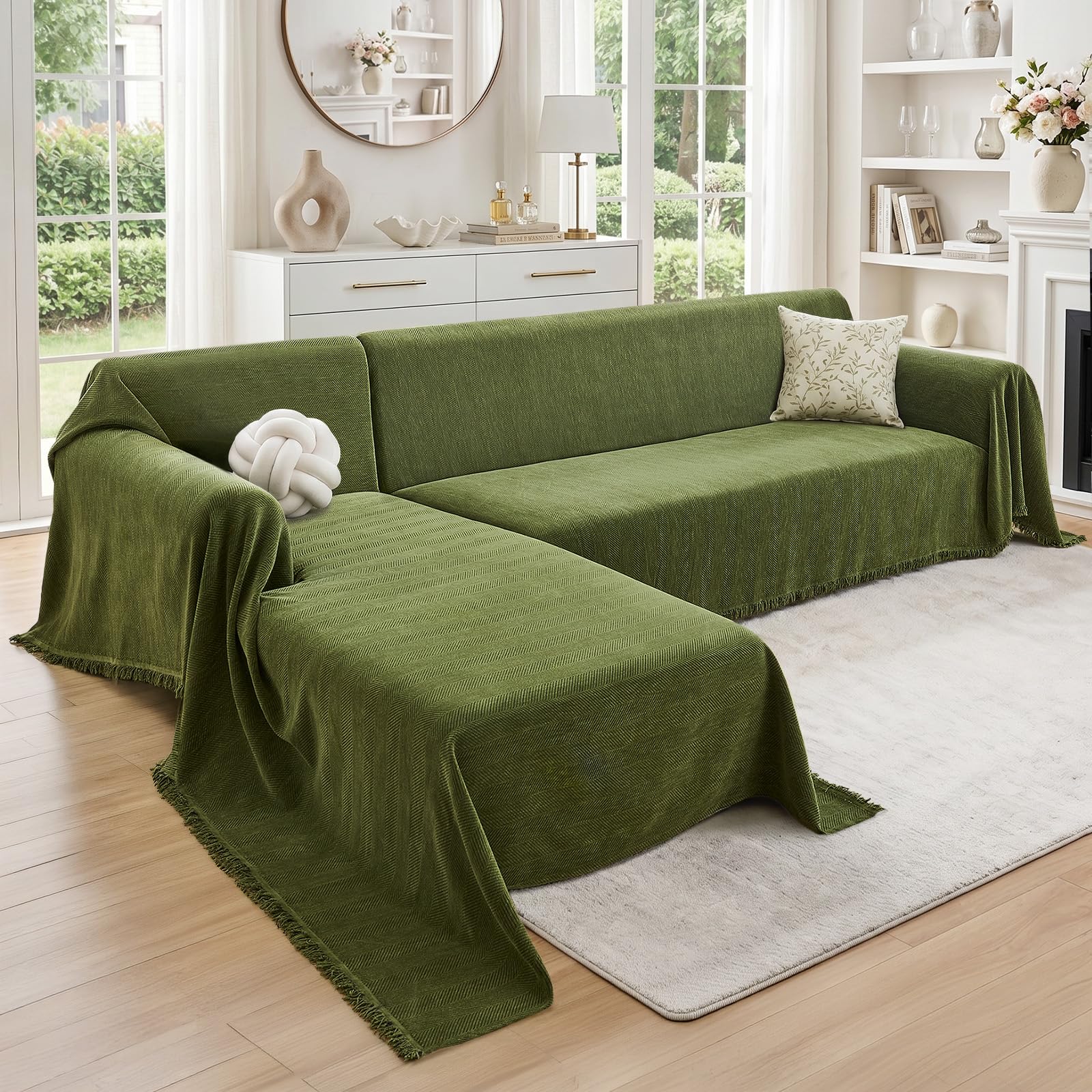 Photo 1 of CAPALOCA Sectional Couch Covers 2 Pieces, L Shaped Couch Cover with Herringbone Pattern Chenille Sectional Cover Washable Sofa Slipcovers (XX-Large: 71" x 118" + 71" x 118", Green)