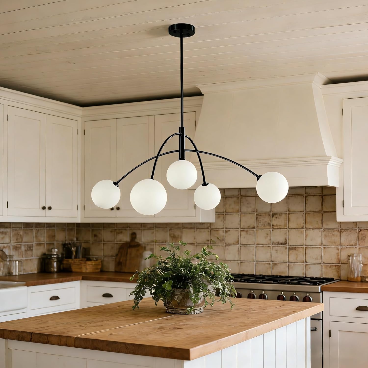 5-Light Contemporary Black Chandeliers for Dining Room Light Fixture, Modern Mid Century Hanging Sputnik Chandelier for Living Room Kitchen Island Entryway Foyer, Milk White Globe Glass Shade