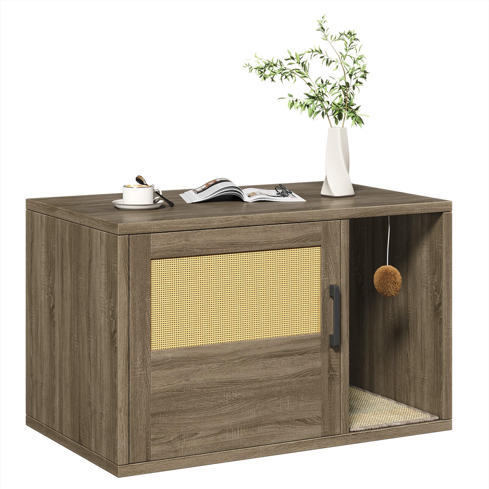 Greensen Cat Litter Box Enclosure, Wooden Cat House Furniture Cabinet Odor Control with Scratching Pad for Living Room Bedroom