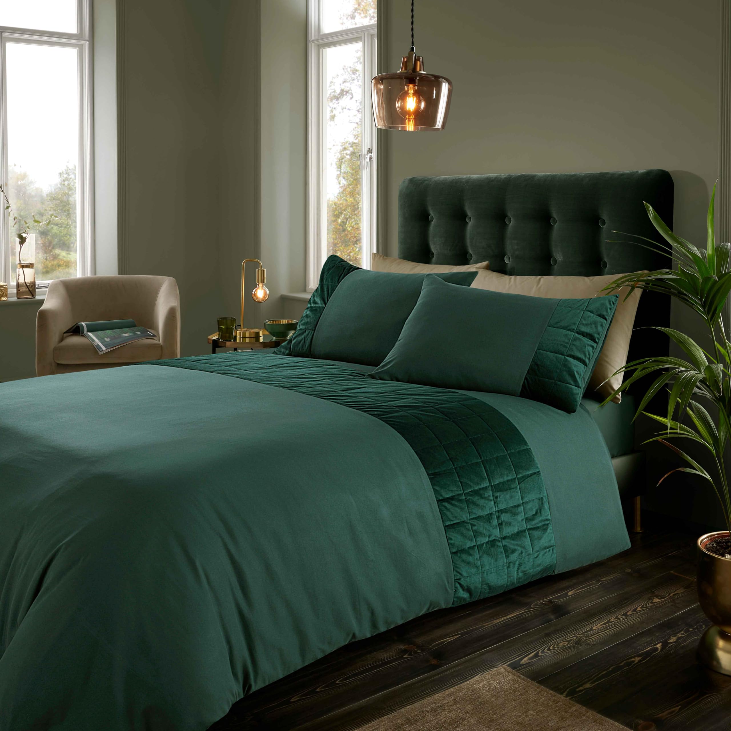 GC GAVENO CAVAILIA Velvet Duvet Cover - Velvet Panel Band Double Size Quilt Cover Sets With Pillow Cases - Fancy Washable Bed Cover Set - Easycare Thermal Bedding - Dark Green