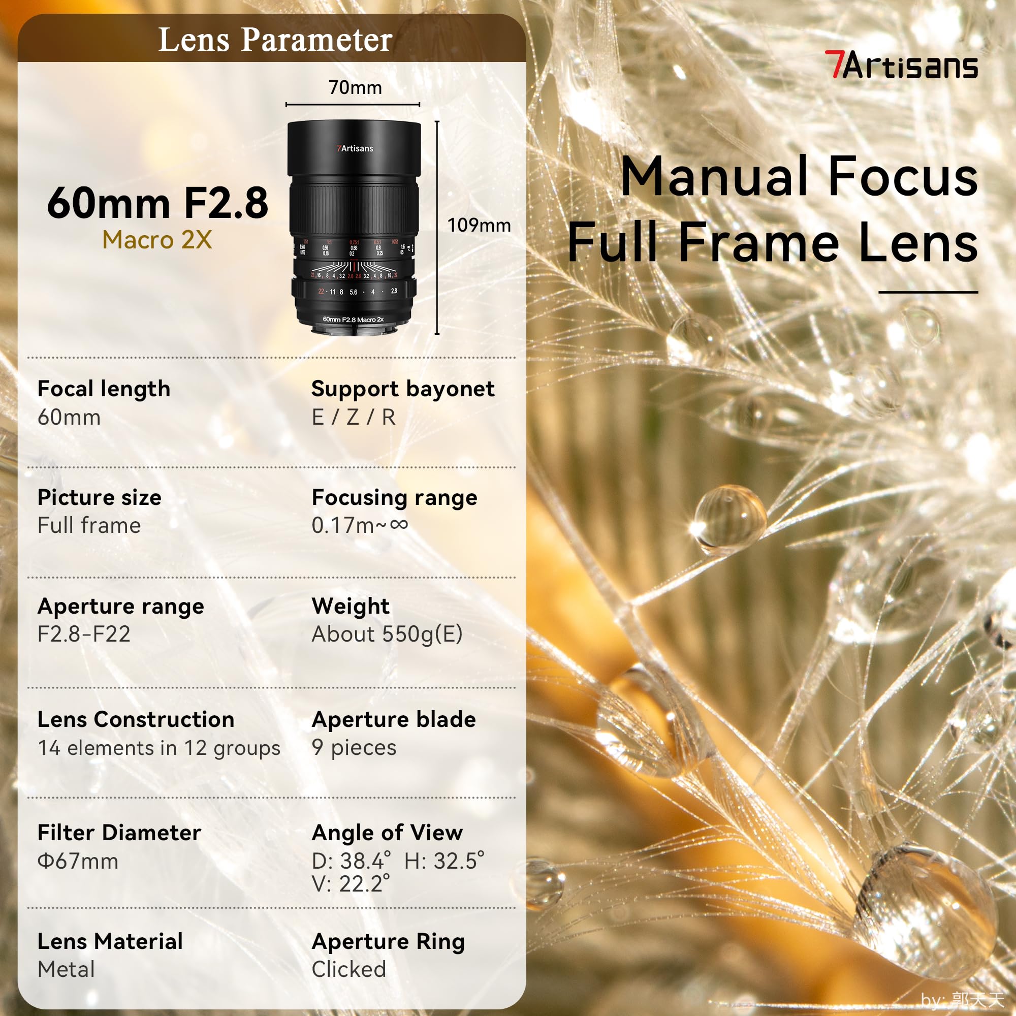 7artisans 60mmF2.8 Macro 2X Manuale a fuoco Full-frame obiettivo per fotocamera mirrorless compatibile con fotocamere Nikon Z-Mount Z5 Z6 Z6II Z7 Z7II Z9 ecc.