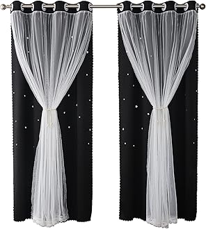 Cute Blackout Curtains for Girls Bedroom - Black Aesthetic Star Cutout Double Layer with Sheer Overlay, 72 Inch Length 1 Panel Teens Kids Room Curtain Nursery Decor Drapes