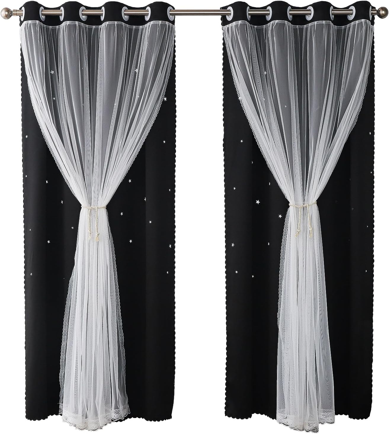 Cute Blackout Curtains for Girls Bedroom - Black Aesthetic Star Cutout Double Layer with Sheer Overlay, 72 Inch Length 1 Panel Teens Kids Room Curtain Nursery Decor Drapes