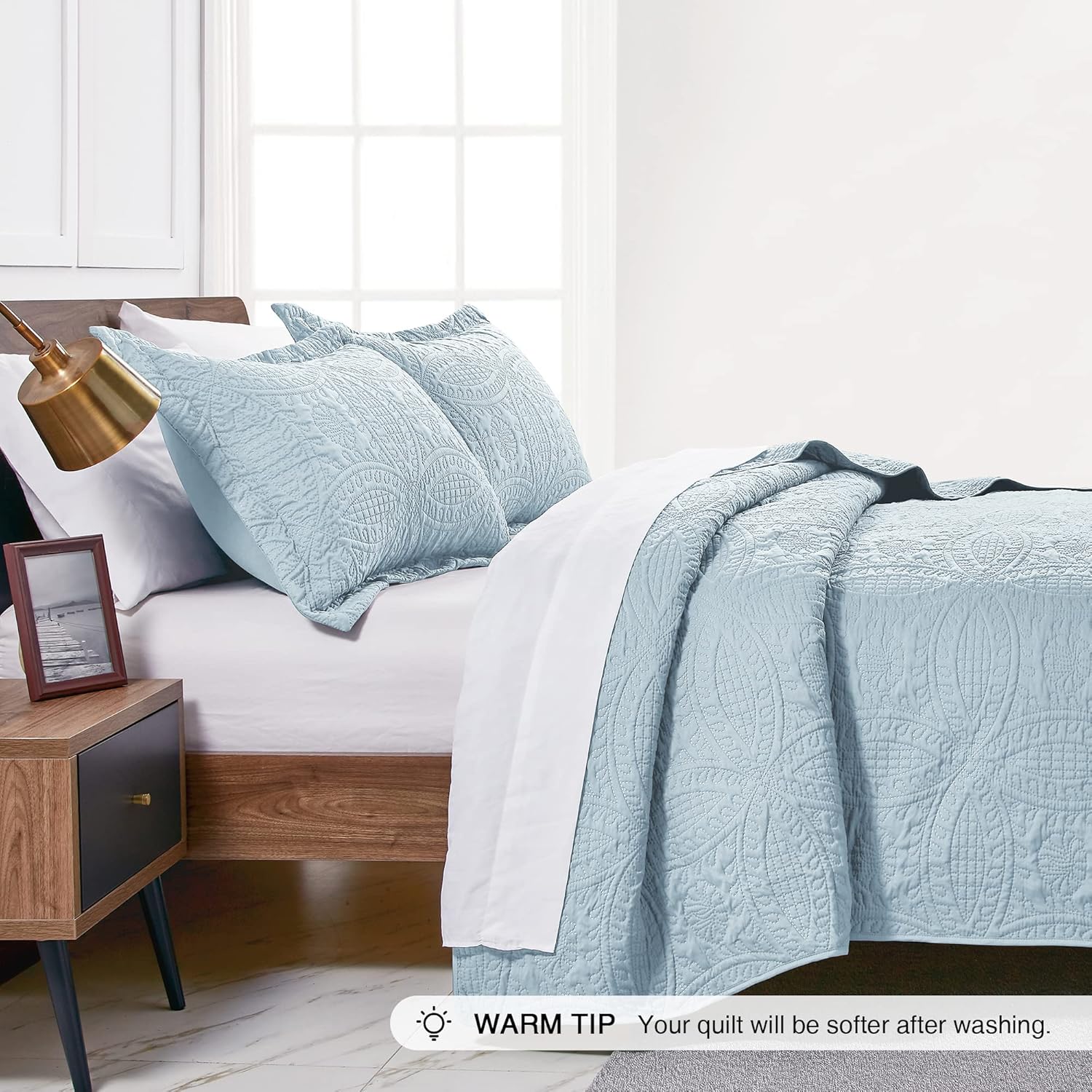 Love's cabin King Size Quilt Set Spa-Blue Bedspreads - Soft Bed Summer Quilt Lightweight Microfiber Bedspread- Modern Style Coin Pattern Coverlet for All Season - 3 Piece (1 Quilt, 2 Pillow Shams) : Home & Kitchen