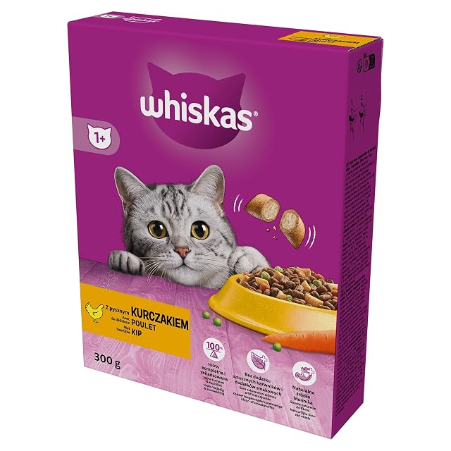 Whiskas Adult 1+ Comida seca para gatos adultos con pollo, 6 unidades (6 x 300 g) en caja