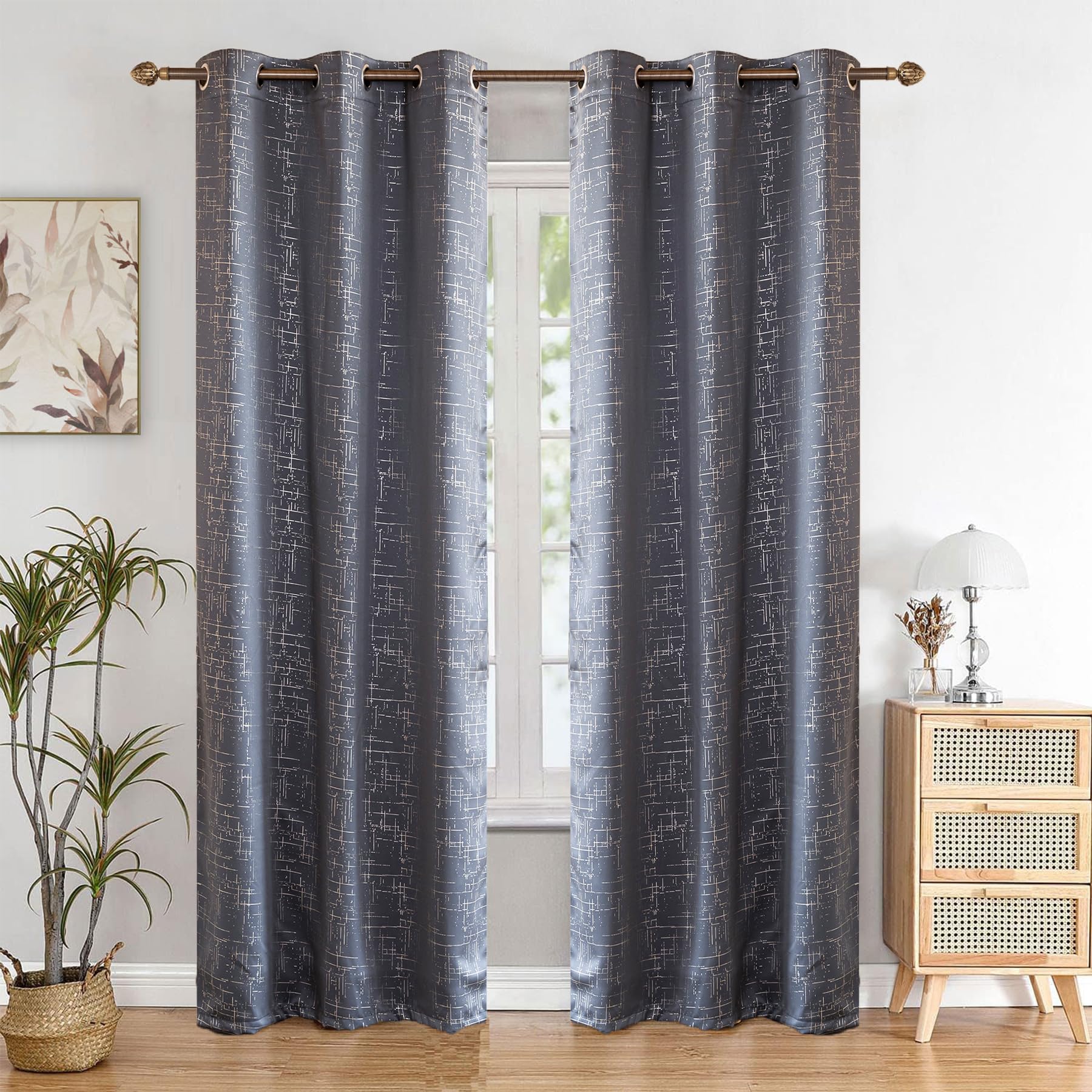 HOMEMONDE Blackout 5 Feet Geometric Opaque Curtains 95% Room Darkening Heavy Geometric Curtain Set with Eyelets, Parallel Foil Print, Noise Reduced Drapes - (Grey - 60 Inch)