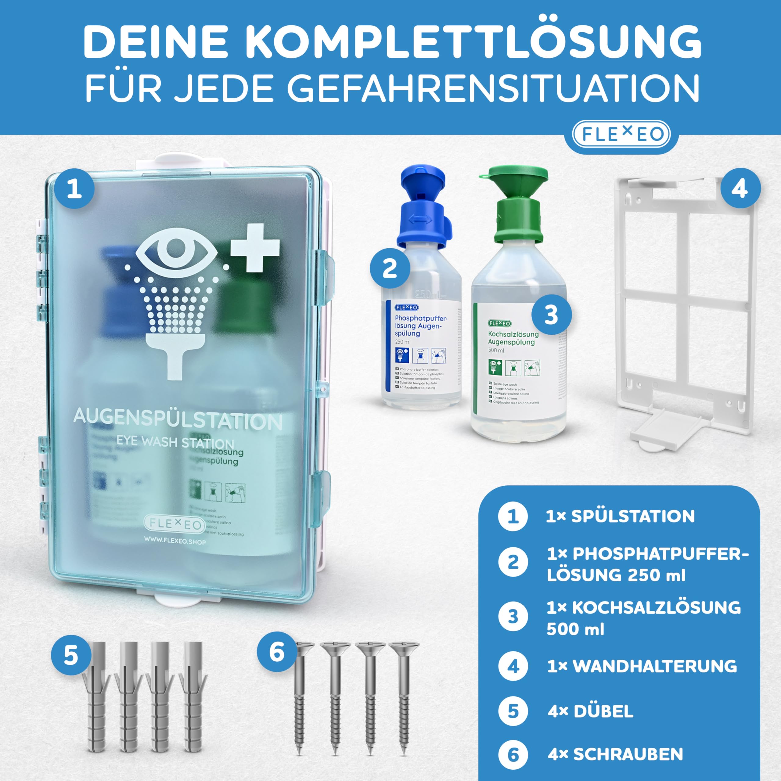 FLEXEO Stacja do płukania oczu w zestawie (1x 500 ml NaCl roztworu soli kuchennej + 1x 250 ml buforu fosforanowego) z uchwytem ściennym – płukanie oczu – prysznic oczu – sterylny NaCl roztwór do