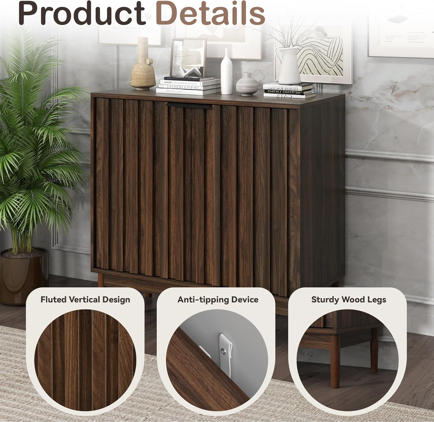 Otterease Fluted Cabinet with Storage, Buffet Cabinet Sideboard with Door, Kitchen Buffet Storage Accent Cabinets with Adjustable Shelves for Living Room, Entry, Hallway, Brown, Walnut
