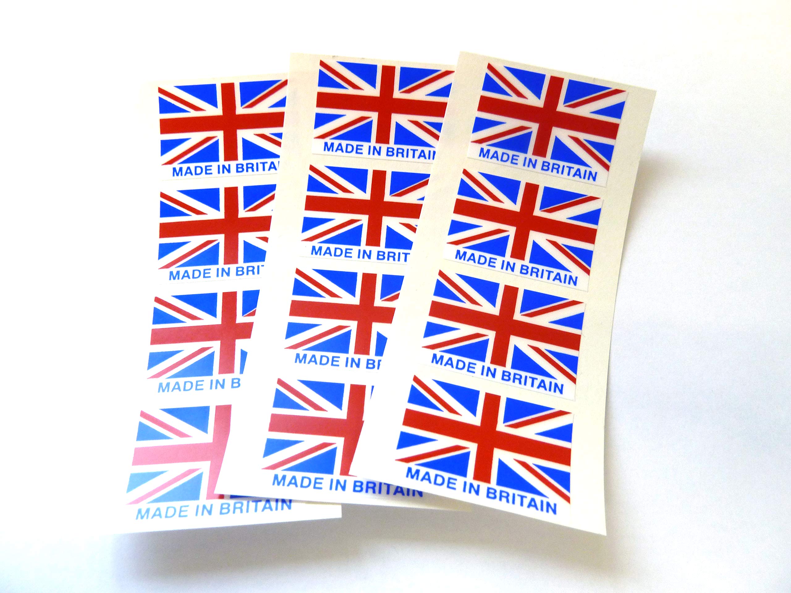Minilabel Pack Of 12 Vinyl, Plastic British, Union Jack Flag Stickers, Great Britain Gb Labels With 'Made In Britain' Text