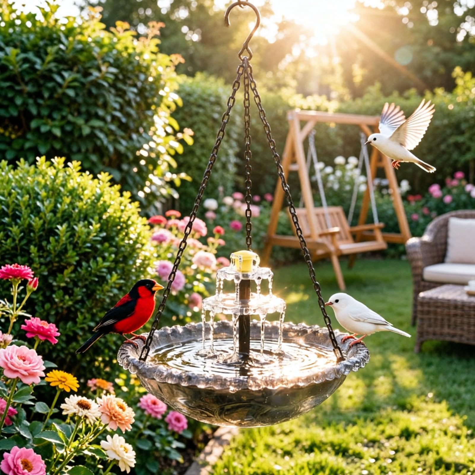 Gartendeko Vogeltränke Hängend Solarbrunnen mit Haken Springbrunnen Solar Vogeltränke Winterfest Metall Vogelbad Garten Futterspender Vögel für Vögel Outdoor 23,5X46cm (D) - 3