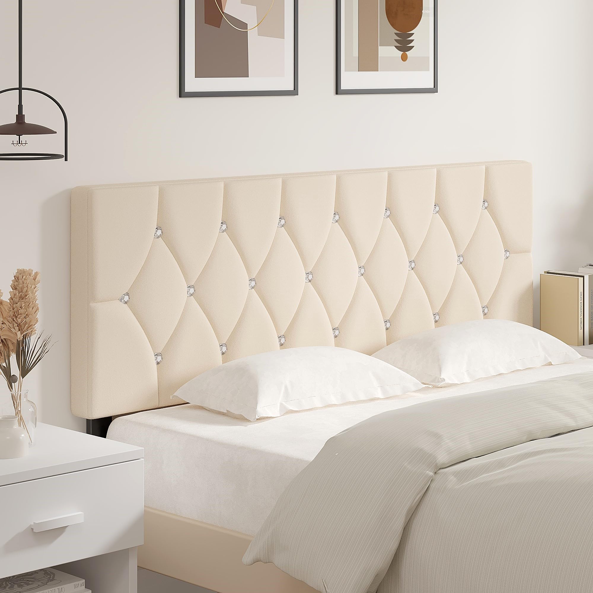 VECELO Tufted Upholstered Headboard Queen Size, with 6 Adjustable Height from 39.8" to 49.8", Button Diamond Design, Easy Assembly, Beige