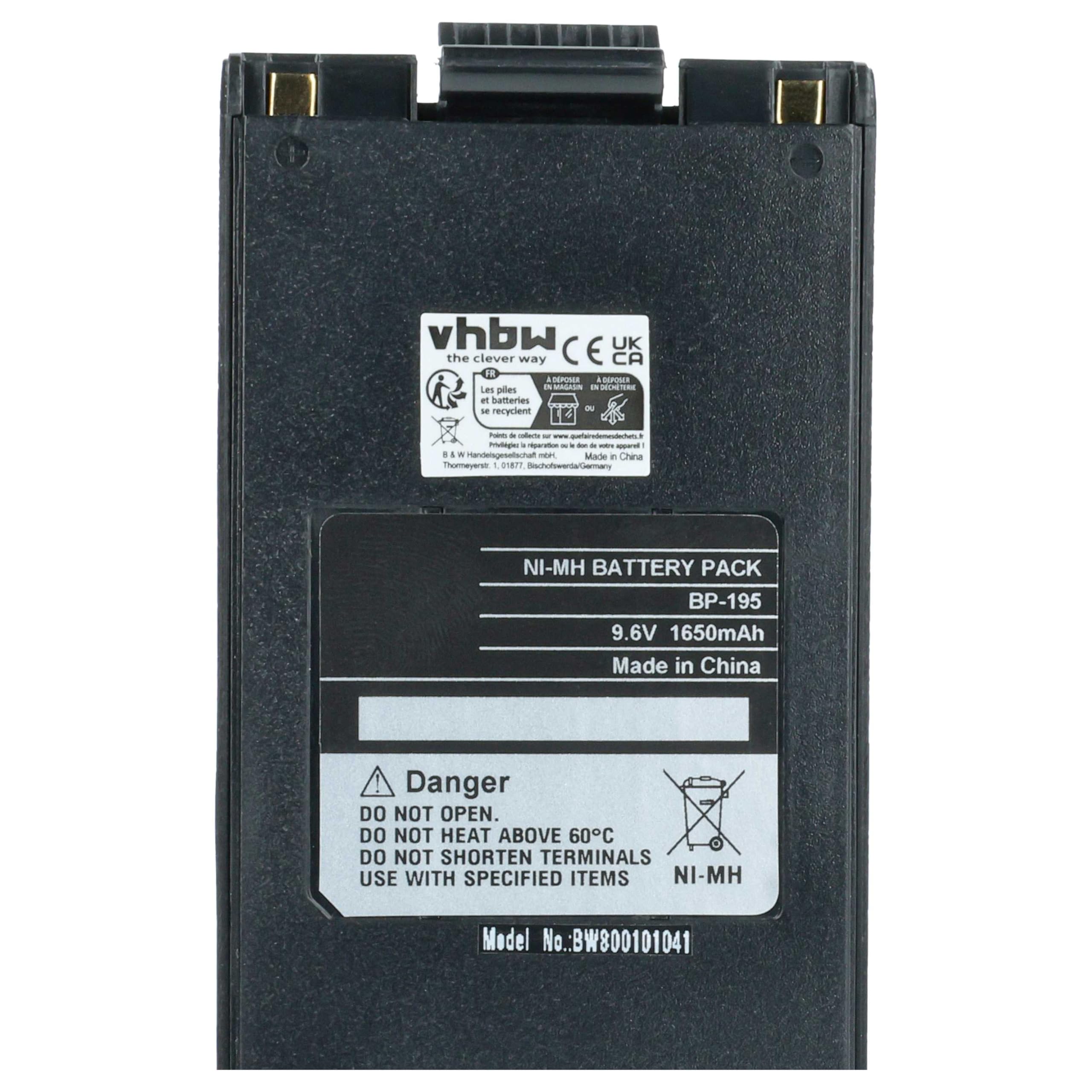 vhbw batteria sostituisce Icom BP-195, BP-196H, BP-196, BP-196R per radio (1650mAh, 9,6V, NiMH) + clip