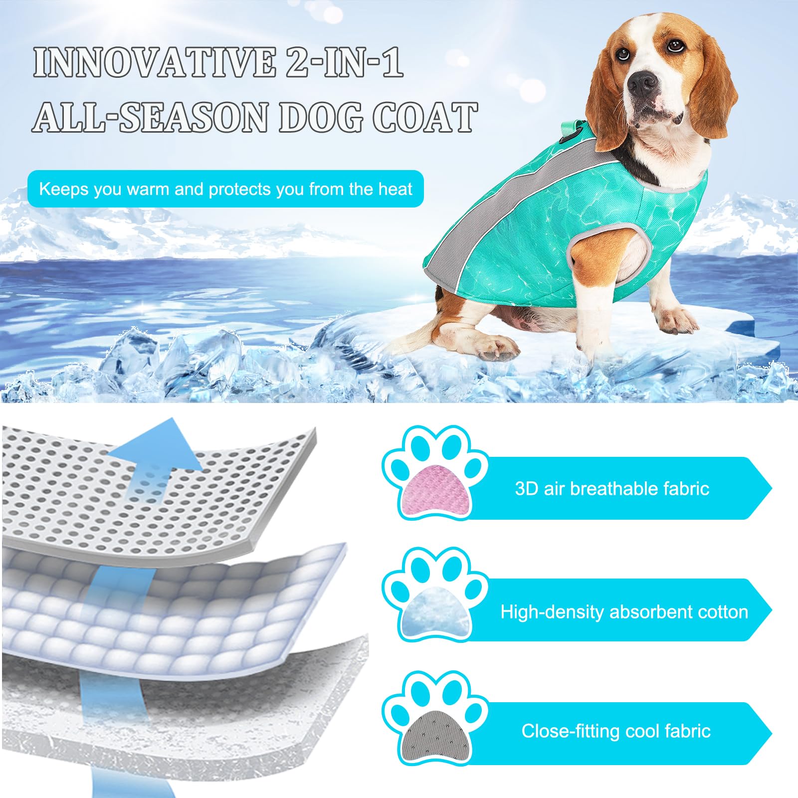 Giacca per Cani d'inverno e Gilet di Raffreddamento per Cani d'estate Cappotto Cane a Doppio Uso, Antivento e Caldo Cappotto per Cani Inverno, Inzuppato per il Gilet di Raffreddamento per Cani Estate