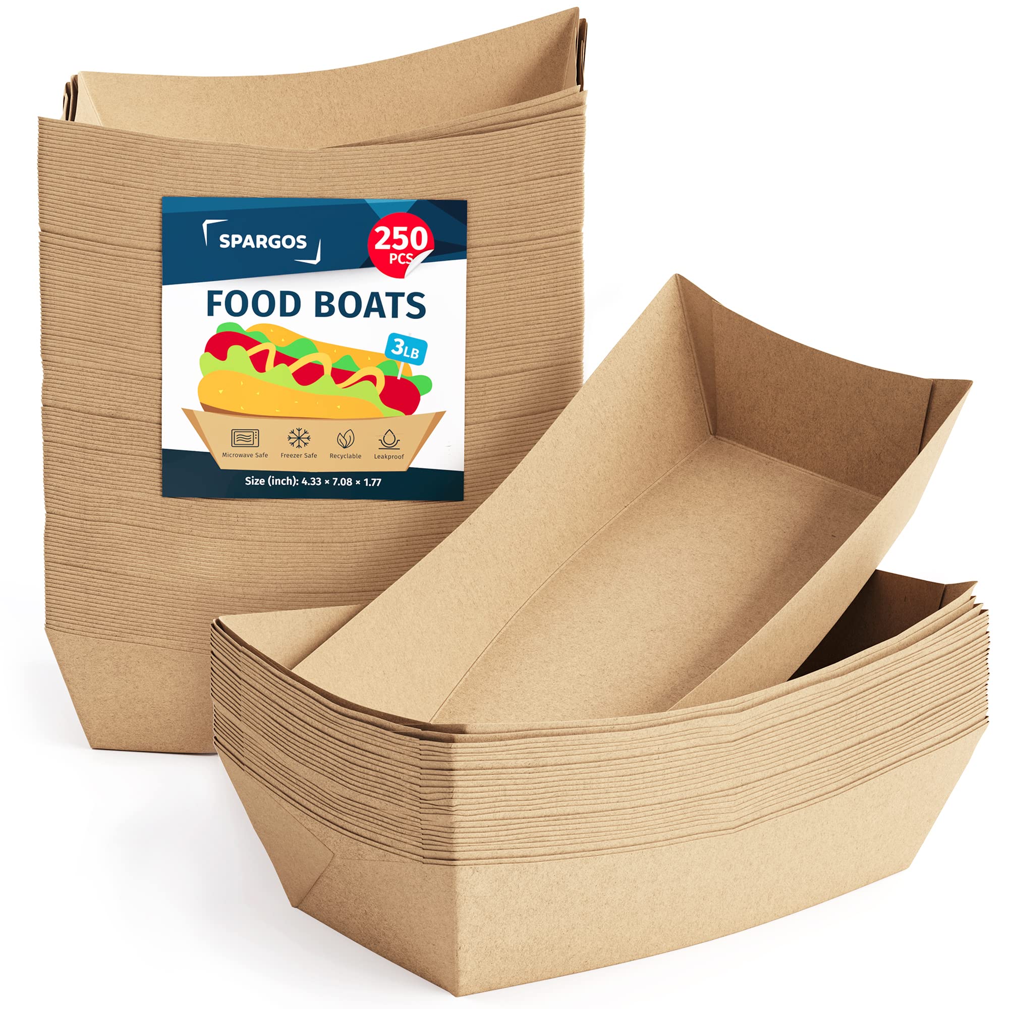 Party Food Trays 3LB Brown (250 Pack) - Hot Dog Trays - Leakproof & Freezer Safe Cardboard Food Boxes Disposable - Paper Food Trays for Serving Party, Bulk of Food Boxes Cardboard, Nacho, Chip, Cinema