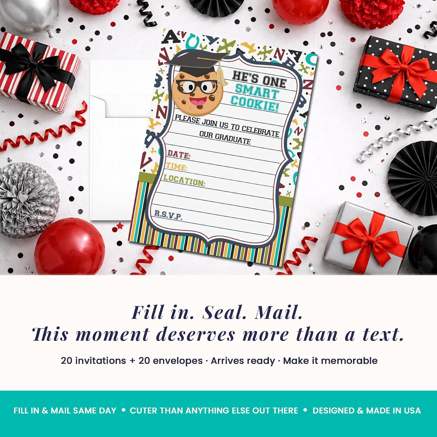 Amanda Creation He's a Smart Cookie Graduation Fill In Style Invitations, set of 20 including envelopes