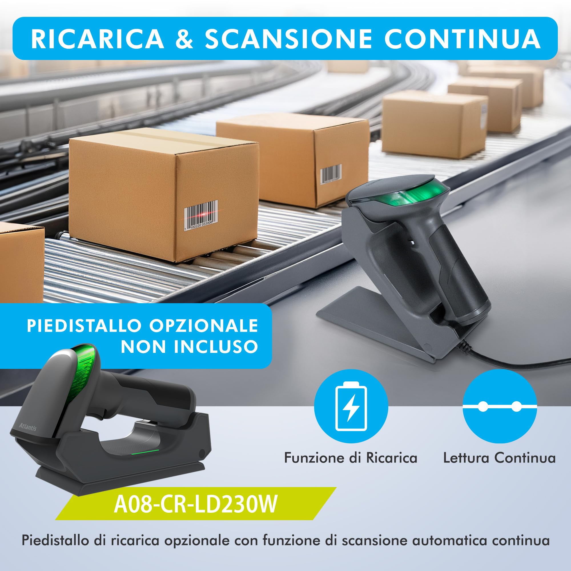 Atlantis A08-LD230P-2D-W Lettore Codici a Barre Barcode reader scanner Wireless 1D e 2D Ottico Prof (640x480), 60 fps, legge da smartphone e display, codice farmaceutico, collegamento USB,guida rapida