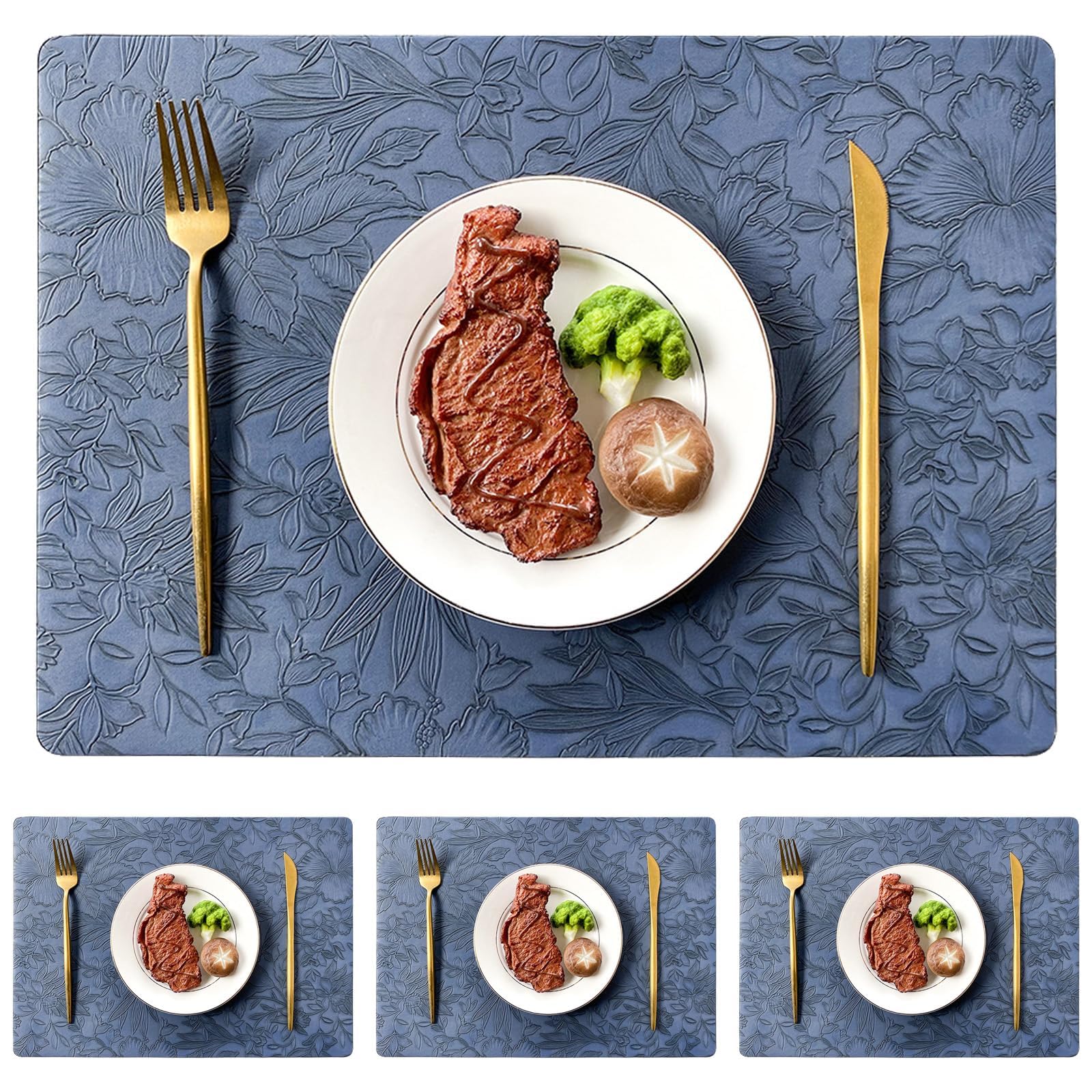 HUANYO Placemats Set of 4, Non-Slip Heat Resistant Washable Placemats, Waterproof Table Mats for Dining Table, Kitchen, Restaurant, Hotel, 43x30 cm (dark blue 4-piece set)