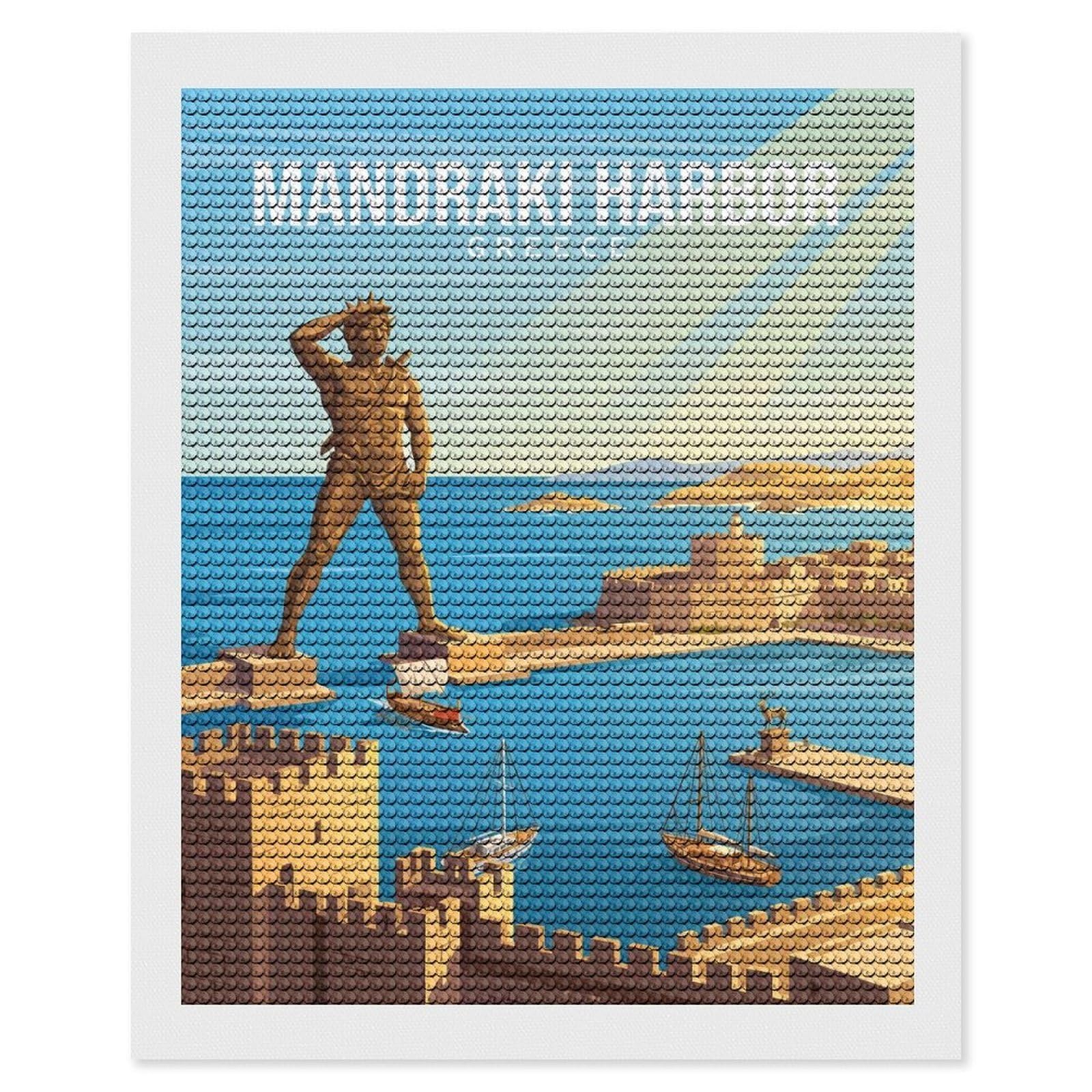 Junmoney Mandraki Harbor Greece Diamond Painting Canvas Kit 16"x20", for Teens, Vintage Style Decor, Modern Decor, Home Wall Art, Festive Craft Gift