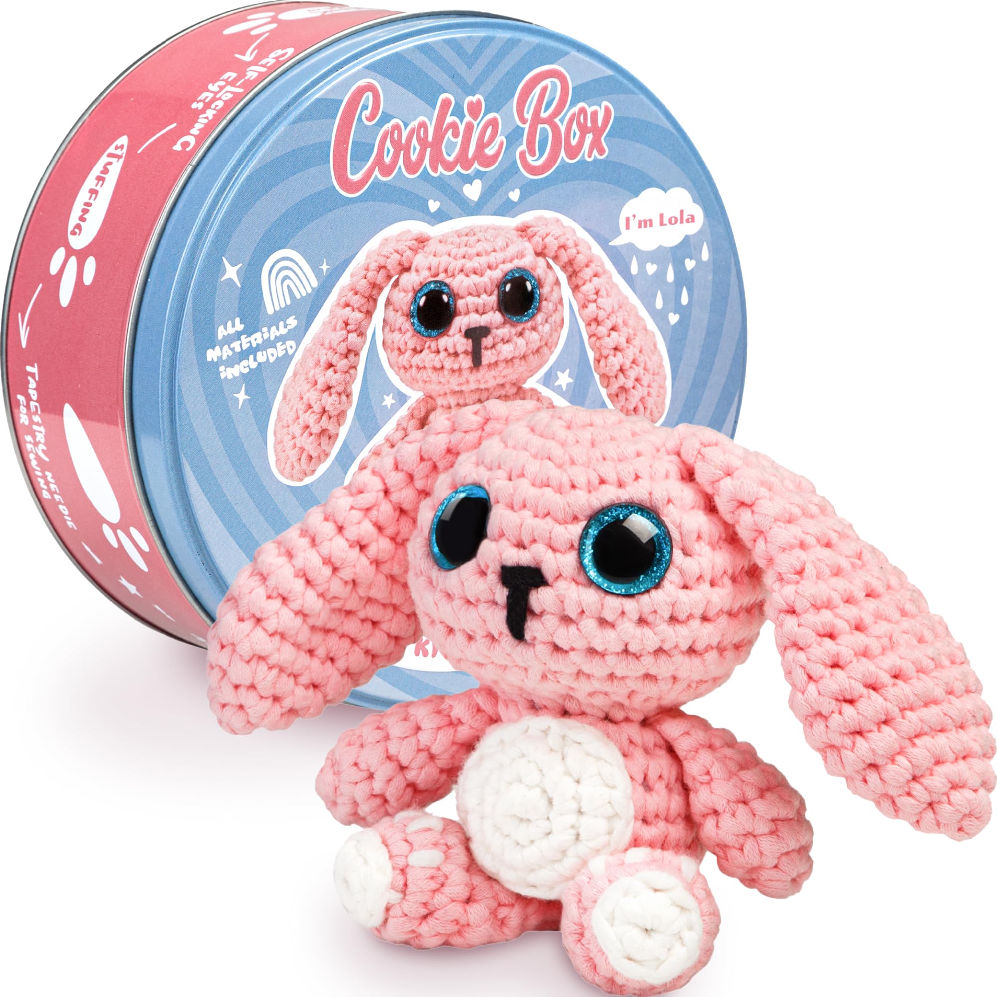 Cookie Box Kit Uncinetto per Principianti – Realizza un Amigurumi Fai-da-Te con Filato, Uncinetto, Imbottitura, PDF & Video – Regalo per Adolescenti e Adulti – Bunny Lola