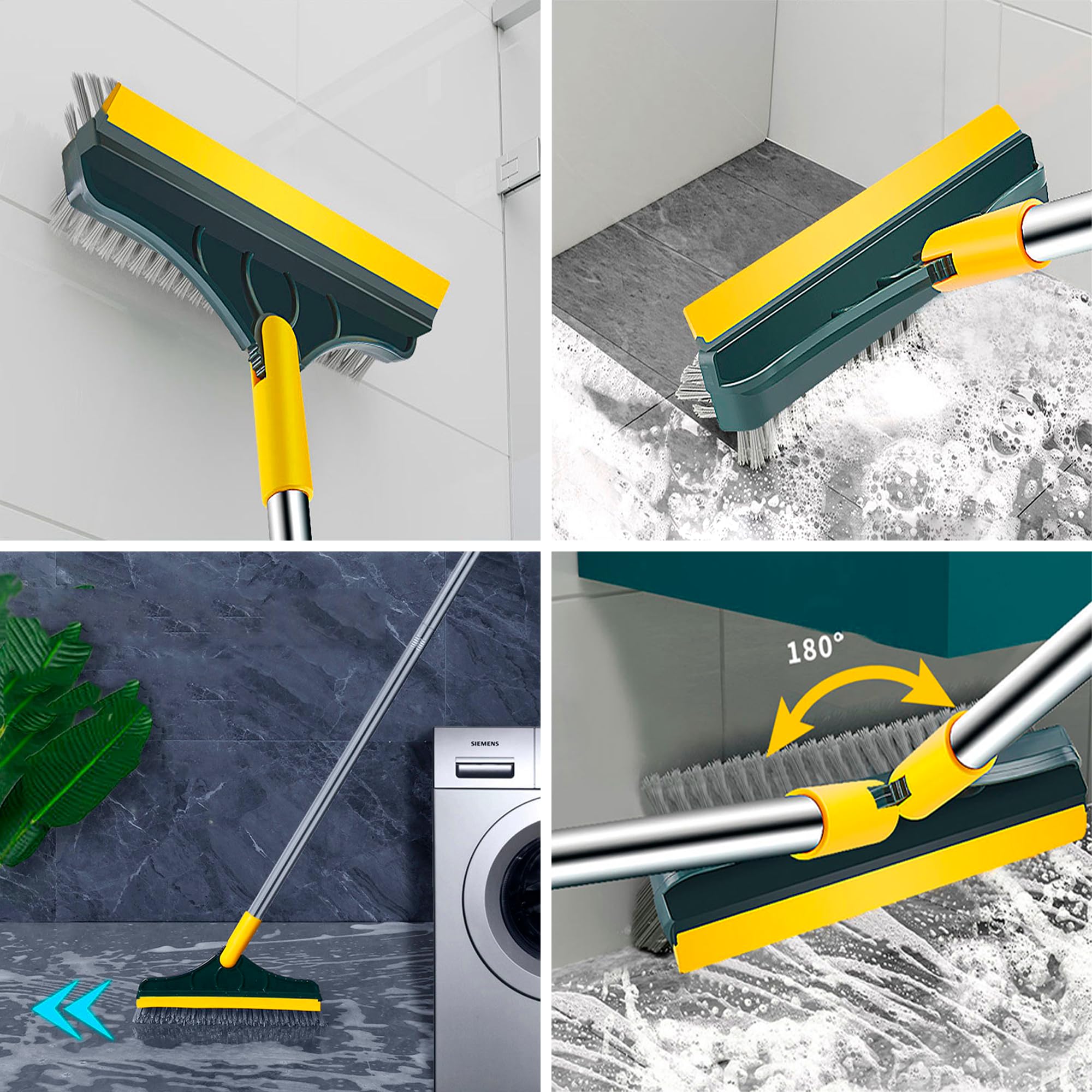 Magic Brush 3 in 1 Floor Scrubber with Long Handle Grout Scrape Stiff Bristle Cleaning Scrub with Squeegee 180°Rotating Removable Head + Additional Hand Brush with Squeegee