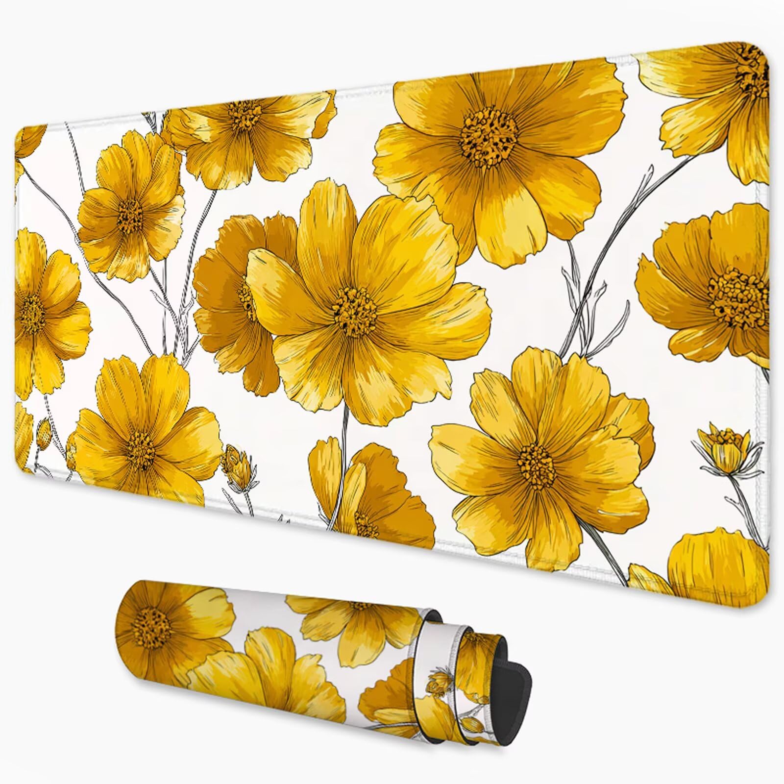 Żółta podkładka pod mysz XXL 1200 x 600 mm, duża antypoślizgowa podkładka pod mysz do gier, akcesoria biurowe, wodoodporna podkładka pod mysz z zamykaną krawędzią, do biura, domu i pokoju zabaw (kwiat